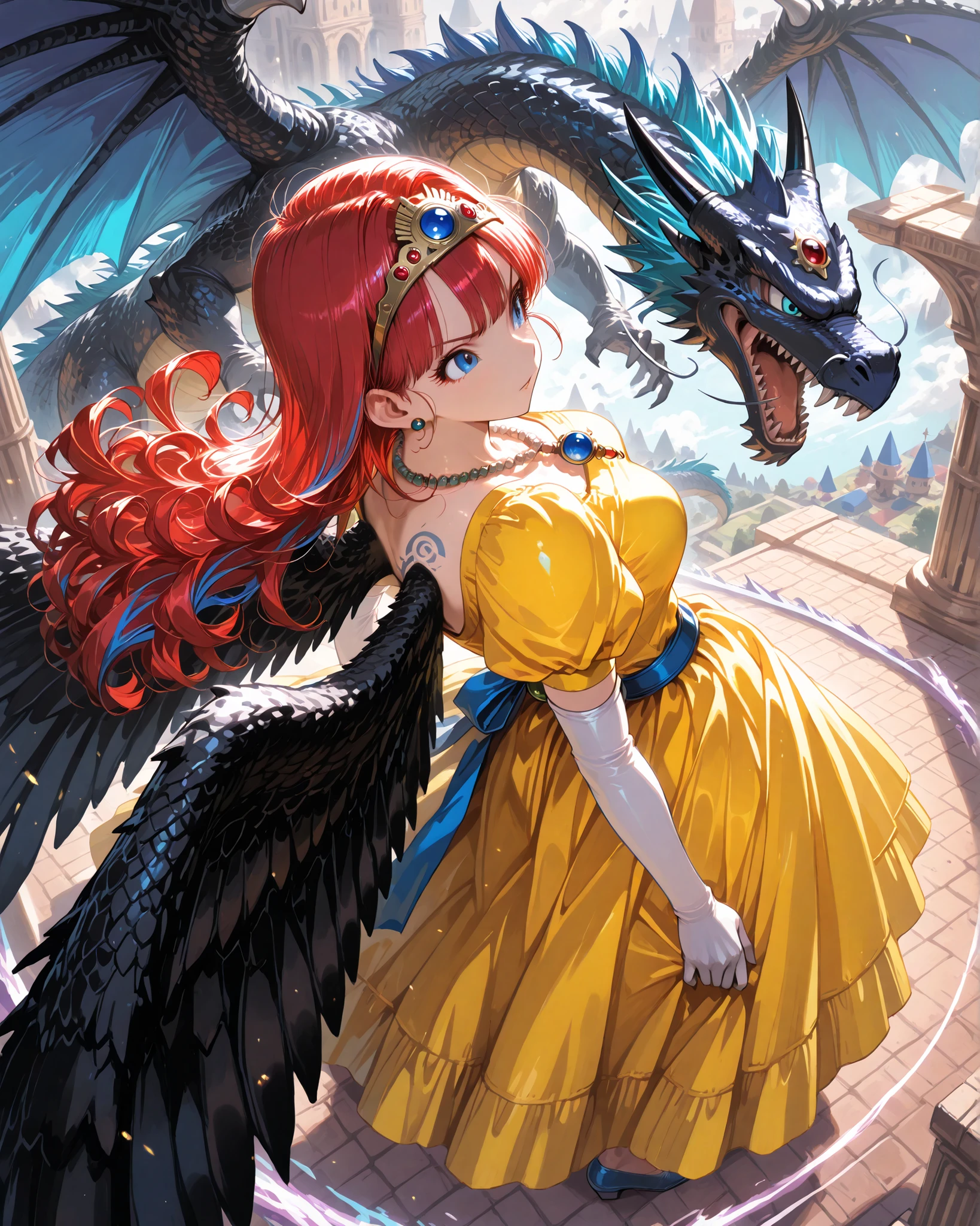 tiara, necklace, yellow dress, puffy sleeves, elbow gloves, white gloves,high angle, (masterpiece, 4K, ultra-detailed, vivid and vibrant colors), {jazzy}: (a beautiful and attractive woman with long red hair and blue streaks, blue eyes, wearing clothing inspired by the Dragon Quest game, a single black angel wing on her back, in the midst of a great battle, dynamic pose, facing dragons, determined look and expression), a magical background, like a well-lit retro video game with shadows.