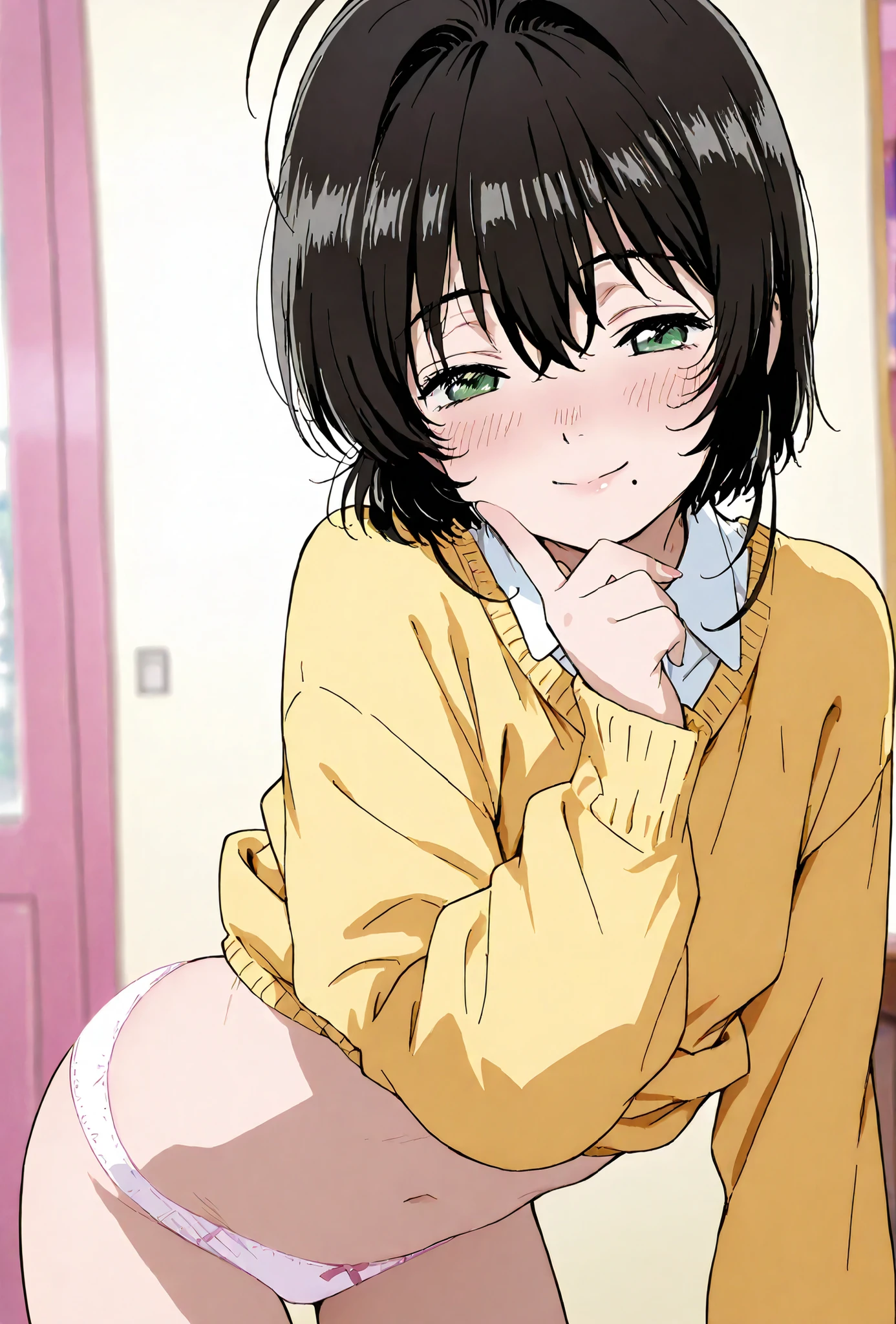 Kinomoto Sakura, , score_9, score_8_up, score_7_up, source_anime, top quality, (seductive, blush), 1girl, , Official Art, viewers, masterpiece, ultra-HD, high detail, depth of field, top quality, 8k, top quality, ergonomic,Official Art, 1 girl,solo, anime keyvisual, Slender, PonsukeP,
black hair, hair between eyes, Mole Under Mouth, sweater,  extended arm , smile, , ,
nsfw, panties,shirt lift, ,, , ,
,
