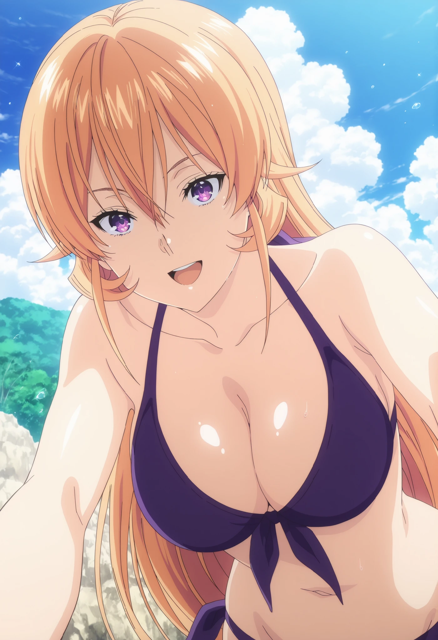 <lora:Erina_Nakiri_-_Food_Wars_-_waiNSFW:1>, anime coloring, source_anime, hires image, masterpiece, best quality, newest, masterpiece, best quality, 4k, 1girl, long hair, orange hair, purple eyes, hair between eyes, purple bikini,,,,, swimsuit, bikini, cleavage, long hair, blonde hair, purple bikini, outdoors, purple eyes, open mouth, large breasts, day, front-tie top,,, , , smile, sexy, erotic, curves,.