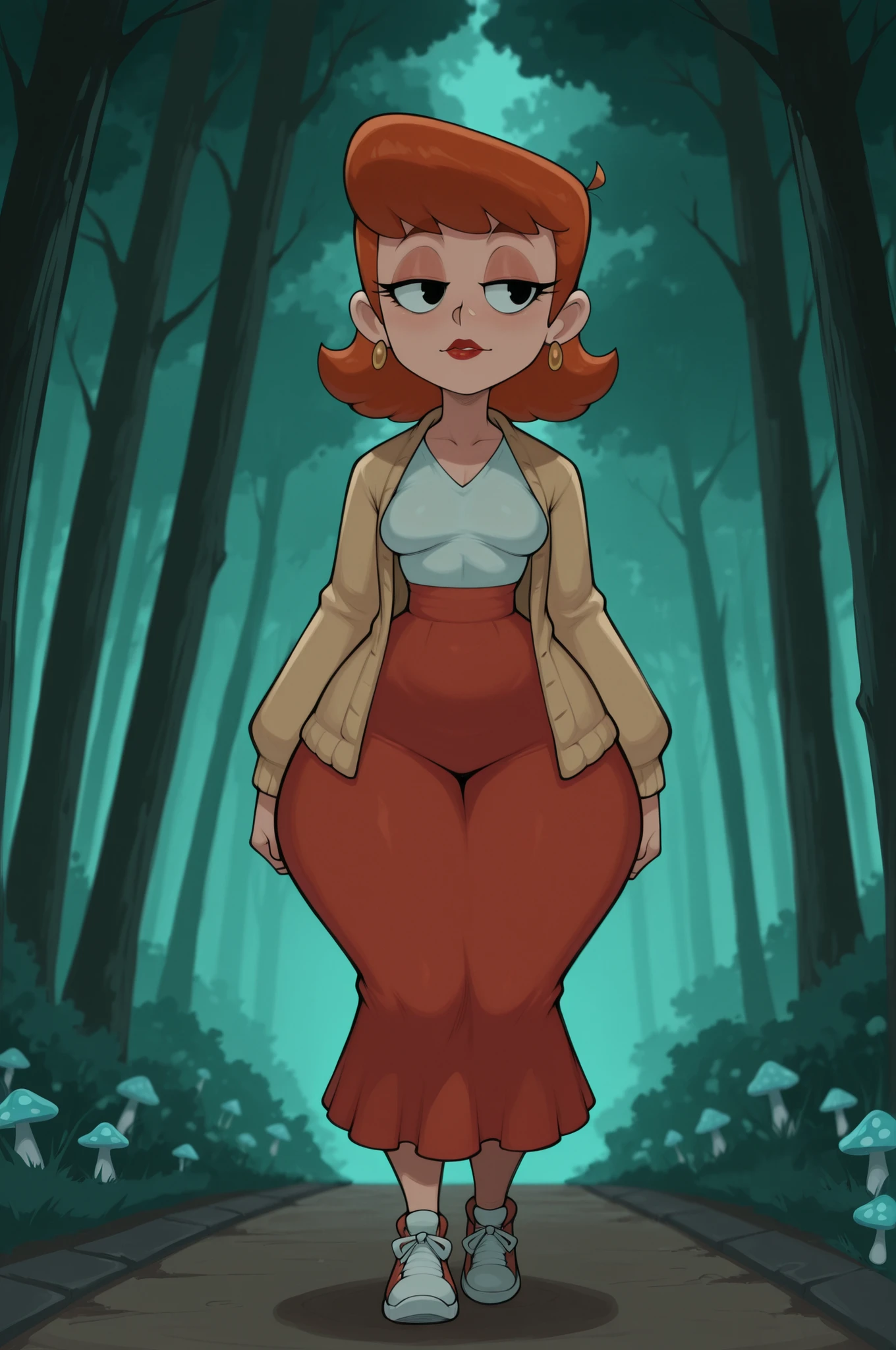 dextersmom, mature female, short hair, slightly curly hair, ginger, black eyes, big eyes, long eyelashes, small , rounded , narrow waist, thick thighs, huge , fair skin, thin hands, earrings, makeup, red lips, lipstick.| A lone figure trudges sideways along a misty forest path in a dark fantasy realm. They wear a flowing long skirt and a cozy oversized cardigan, but their feet are stuffed into gigantic, comically oversized sneakers that swallow their toes — each step sends them lurching to the side. The view is from the side, emphasizing their awkward, unbalanced gait and the absurd contrast between delicate clothing and monstrous shoes. The eerie woodland is draped in fog, with twisted ancient trees and glowing mushrooms lining the narrow trail. Cool blue‑green light filters through the canopy, casting long shadows. Detailed textures, cinematic framing, moody atmosphere. Focus on movement and scale disparity.
