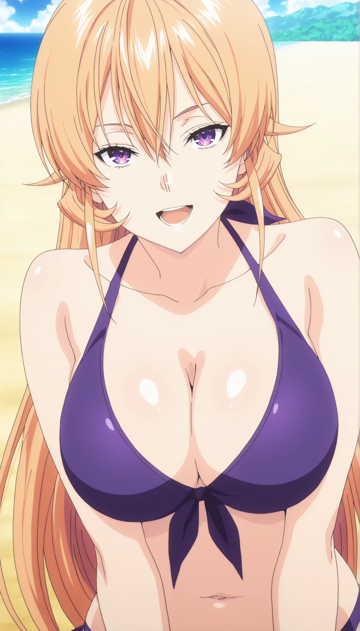 <lora:Erina_Nakiri_-_Food_Wars_-_waiNSFW:1>, anime coloring, source_anime, hires image, masterpiece, best quality, newest, masterpiece, best quality, 4k, 1girl, long hair, orange hair, purple eyes, hair between eyes, purple bikini,,,,, swimsuit, bikini, cleavage, long hair, blonde hair, purple bikini, outdoors, purple eyes, open mouth, large breasts, day, front-tie top,,, , , smile, sexy, erotic, curves,.