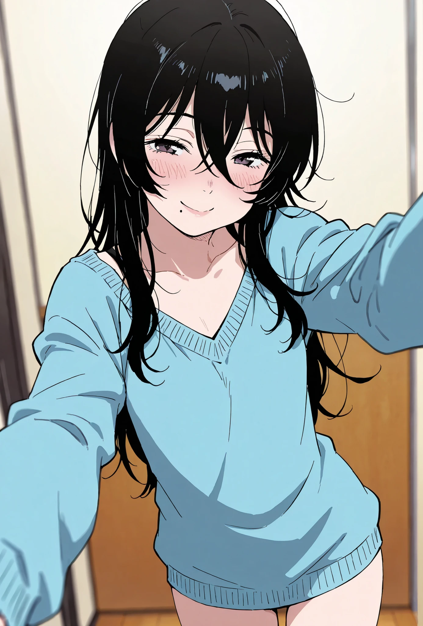 score_9, score_8_up, score_7_up, source_anime, top quality, (seductive, blush), 1girl, , Official Art, viewers, masterpiece, ultra-HD, high detail, depth of field, top quality, 8k, top quality, ergonomic,Official Art, 1 girl,solo, anime keyvisual, Slender, , flat chested, small butt with a low gaze, by Satsuki Itsuka,
black hair, hair between eyes, Mole Under Mouth, sweater,  extended arm , smile, , ,
, , ,
,,
,,
,


