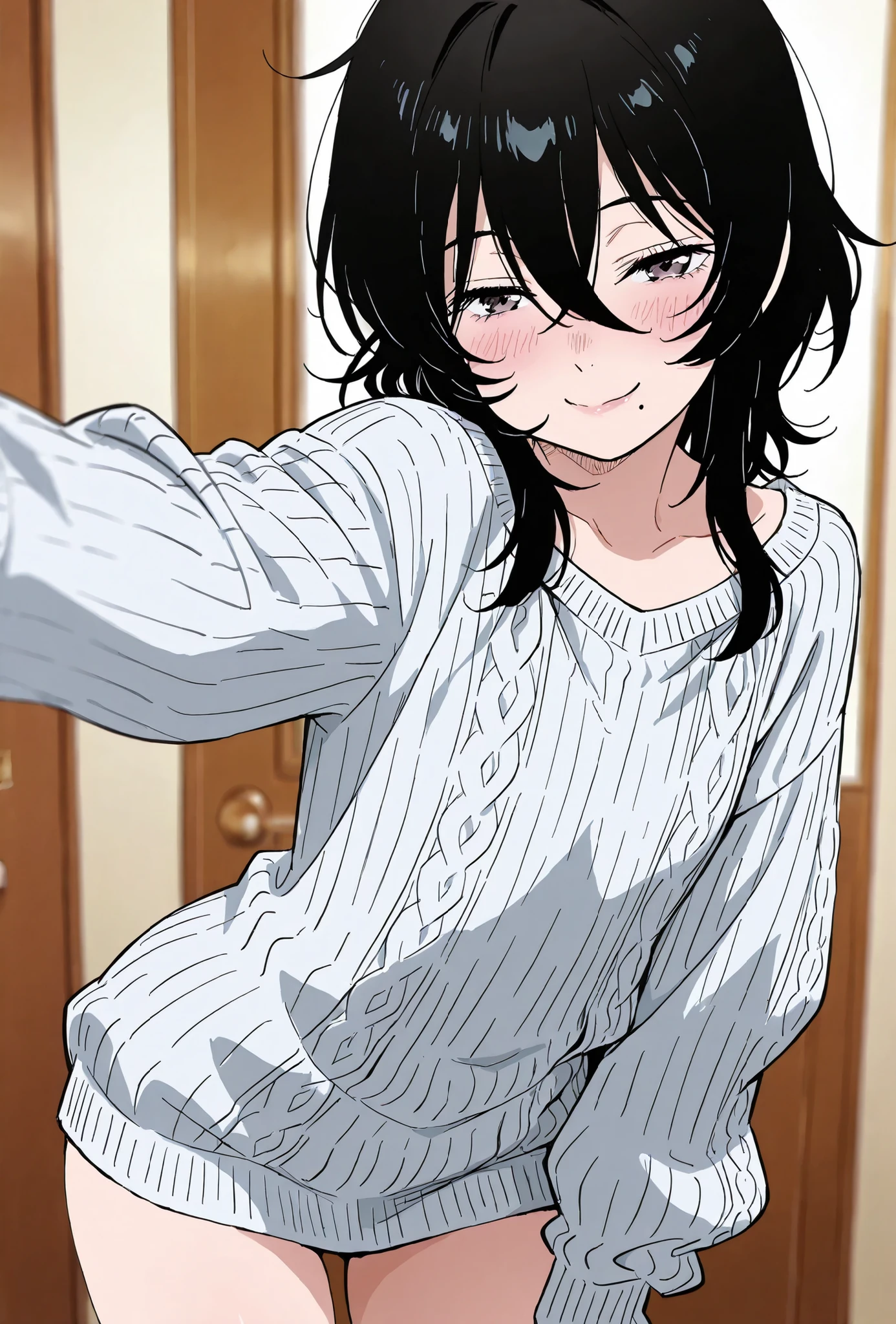 score_9, score_8_up, score_7_up, source_anime, top quality, (seductive, blush), 1girl, , Official Art, viewers, masterpiece, ultra-HD, high detail, depth of field, top quality, 8k, top quality, ergonomic,Official Art, 1 girl,solo, anime keyvisual, Slender, , flat chested, small butt with a low gaze, by Satsuki Itsuka,
black hair, hair between eyes, Mole Under Mouth, sweater,  extended arm , smile, , ,
, , ,
,,
,,
,


