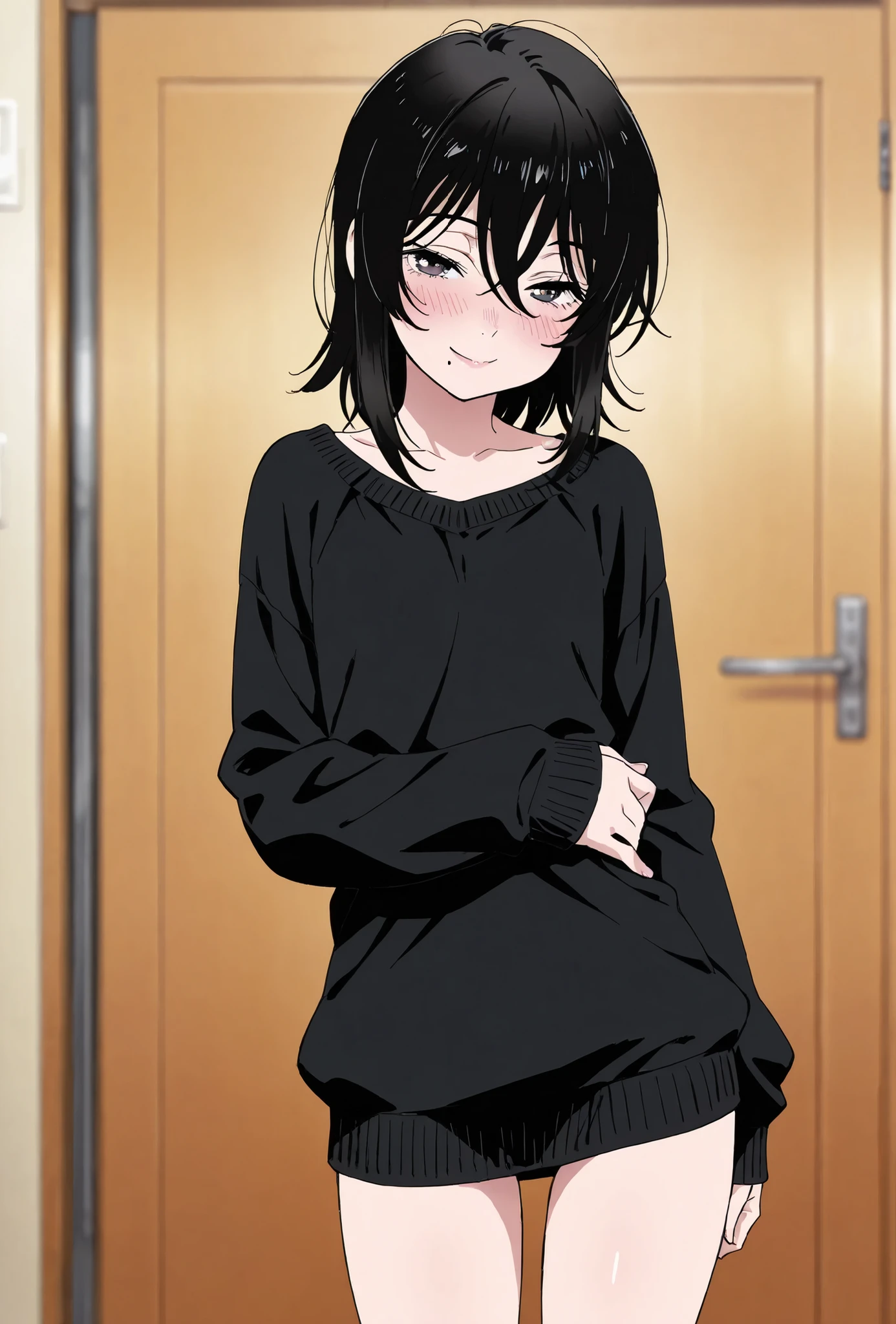 score_9, score_8_up, score_7_up, source_anime, top quality, (seductive, blush), 1girl, , Official Art, viewers, masterpiece, ultra-HD, high detail, depth of field, top quality, 8k, top quality, ergonomic,Official Art, 1 girl,solo, anime keyvisual, Slender, , flat chested, small butt with a low gaze, by Satsuki Itsuka,
black hair, hair between eyes, Mole Under Mouth, sweater,  extended arm , smile, , ,
, , ,
,,
,,
,


