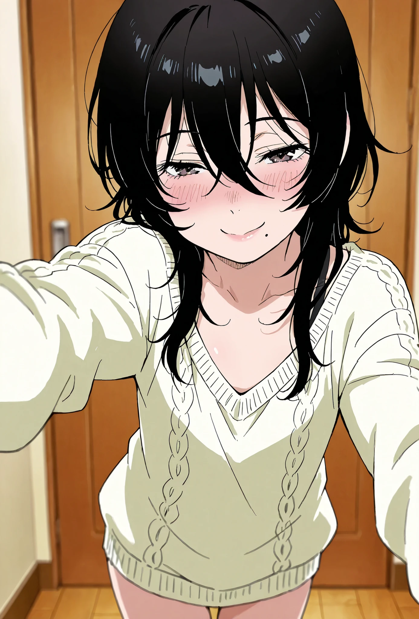 score_9, score_8_up, score_7_up, source_anime, top quality, (seductive, blush), 1girl, , Official Art, viewers, masterpiece, ultra-HD, high detail, depth of field, top quality, 8k, top quality, ergonomic,Official Art, 1 girl,solo, anime keyvisual, Slender, , flat chested, small butt with a low gaze, by Satsuki Itsuka,
black hair, hair between eyes, Mole Under Mouth, sweater,  extended arm , smile, , ,
, , ,
,,
,,
,


