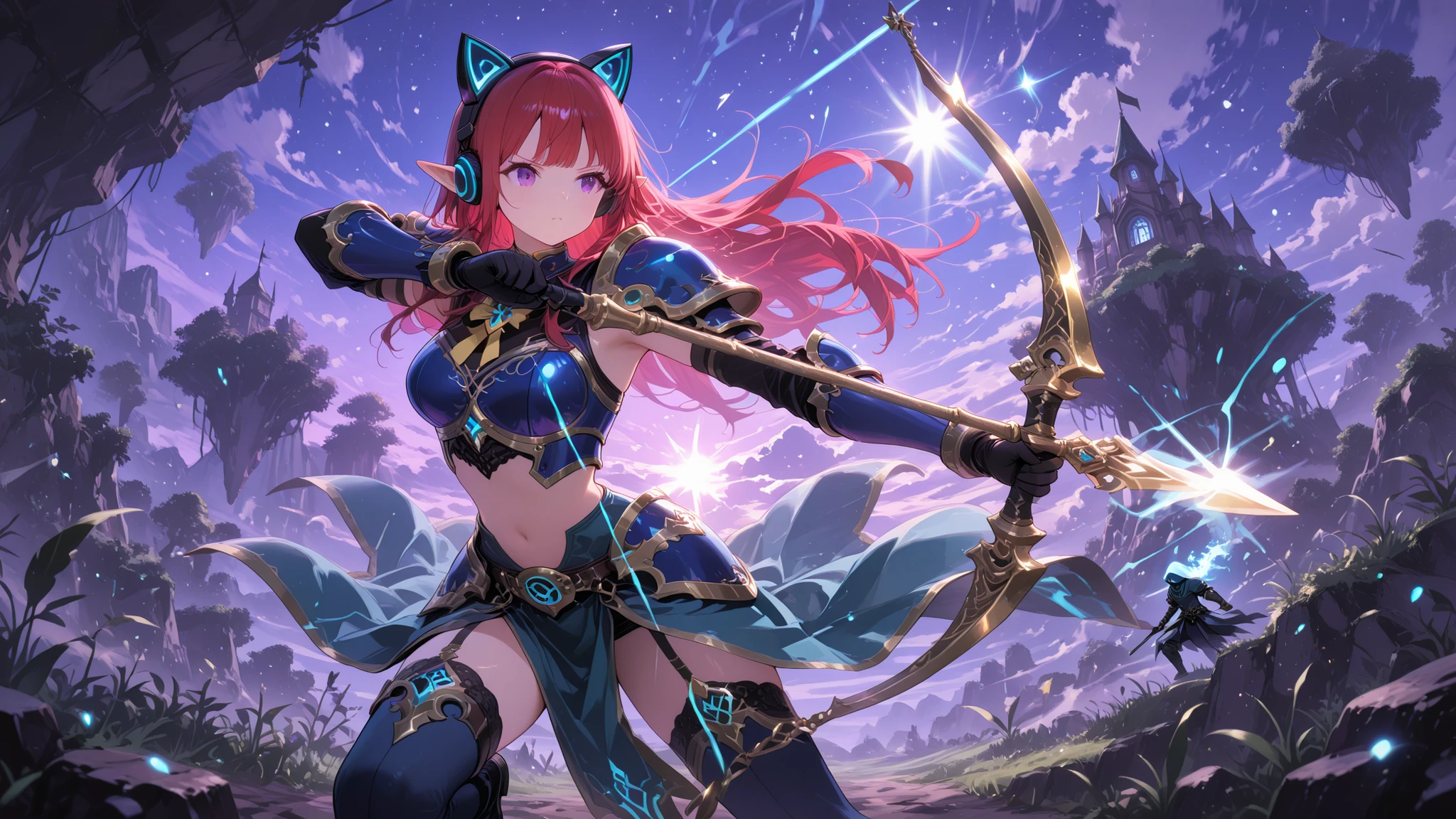 An image inspired by the online game Mu Online, featuring the character Elfa. A beautiful and attractive woman, in anime style, with long red hair, purple eyes, and wearing a cat-ear headset with RGB lighting, wearing elf-class blue armor from the Mu game, while she draws a gold bow and strikes a dynamic, full-body pose, ready to attack forward, her gaze determined. The scene is shot from a low angle, with a background inspired by Mu Online.