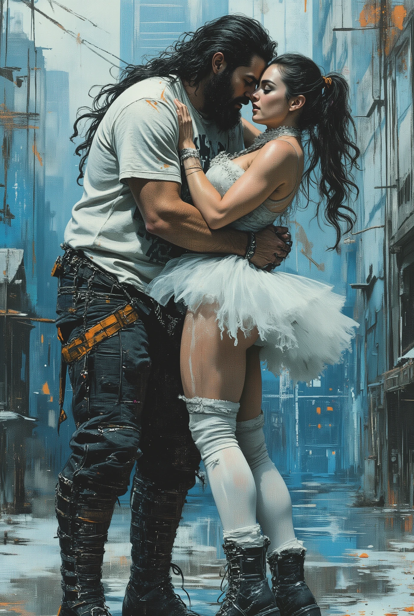 The king passionately hugs his queen. The digital illustration shows a muscular male king with long, loose black hair combed back and decorated with orange strands. He has a full beard. He is wearing a white T-shirt with a graphic design of a black skull, black trousers with lots of straps and buckles, and black high-top boots.In the king's arms is his queen. She's wearing a white tutu white pantyhose and platform boots. She is wellshaped, perfect body woman, smaller than man. She stands on her fingertips, holding onto the king's shoulder. She has stage makeup and a artistic hairstyle with two ponnytails. The background is a mix of abstract and urban elements, with a cool color palette dominated by shades of blue and gray. The overall style of the game is very detailed and dynamic, with an emphasis on strong and confident character behavior. Surreal digital graphics.