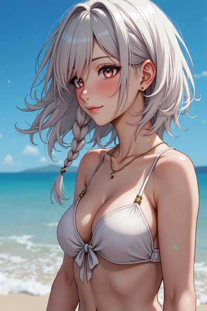 (masterpiece:1.2, best quality), (1lady, solo,(portrait shot)), Clothing: white ??????, strappy sandals, Accessories: shell necklace, Hair: loose beach waves, white hair, short wavy hair, Makeup: natural, glowing skin, Behavior: relaxed, carefree, free-spirited, Location: beach, resort, outdoor festival, purple eyes, average ???????, (beautiful detailed face, beautiful detailed eyes), (sunbeam, sunlight, rose, wind), sciamano240