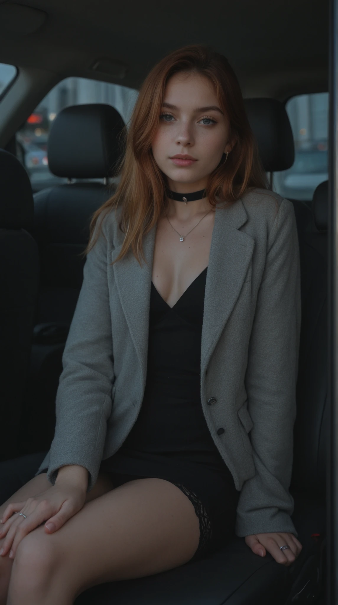 A young woman with long red hair, fair skin and soft makeup sits in the backseat of a car at night. She wears a large, luxurious light-colored fur coat, holding the collar with one hand and showing silver rings. One leg is slightly exposed, wearing a subtle black garter. The car interior is dark with modern black leather seats, and blurred city lights are visible through the window. Soft nighttime lighting, elegant and cinematic atmosphere, high detail, realistic skin texture, glamorous look, ultra-realistic 4K.