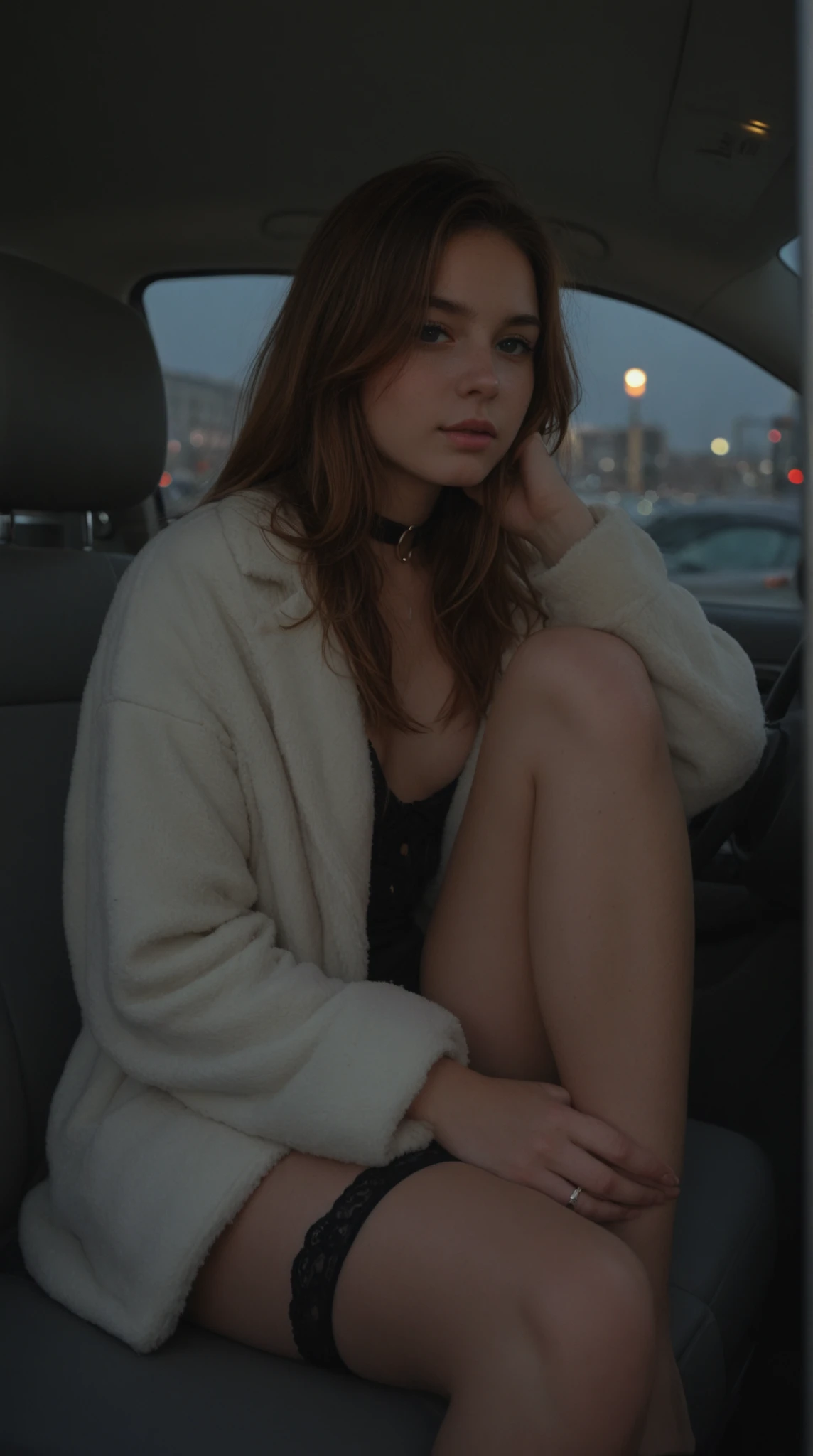 A young woman with long red hair, fair skin and soft makeup sits in the backseat of a car at night. She wears a large, luxurious light-colored fur coat, holding the collar with one hand and showing silver rings. One leg is slightly exposed, wearing a subtle black garter. The car interior is dark with modern black leather seats, and blurred city lights are visible through the window. Soft nighttime lighting, elegant and cinematic atmosphere, high detail, realistic skin texture, glamorous look, ultra-realistic 4K.
