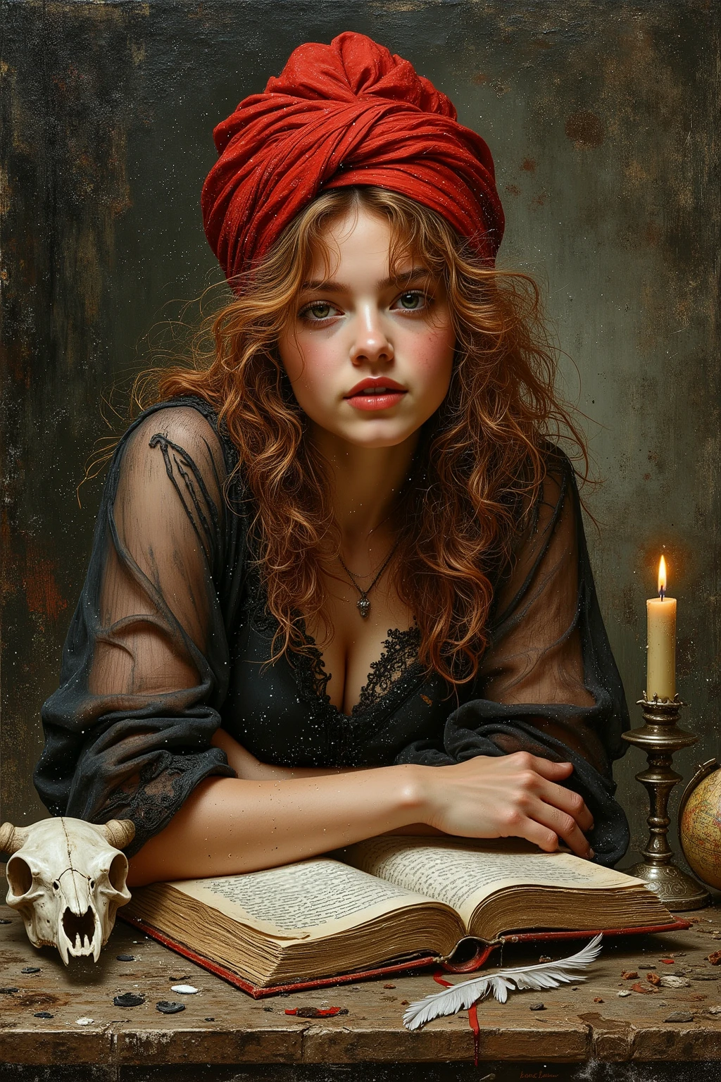
created a painting with oil painting with huge details , In the style of the artist Leonardo Davinci , The art of the era of European Renaissance ,  A fully detailed painting of a beautiful girl (  20 years old )  She has red and curly hair that falls on her shoulders and is leaning on the desk. On the desk, there is a bull skull, a feather, ink, paper, a globe and a burning candle. She wears a transparent black lace shirt, wears a red turban on her head, holds an old book with a dark background, a picture that seems cinematic. The angle of view is not taken in front of the girl ( with a full picture of the girl inside the frame and the view from the front ) 
