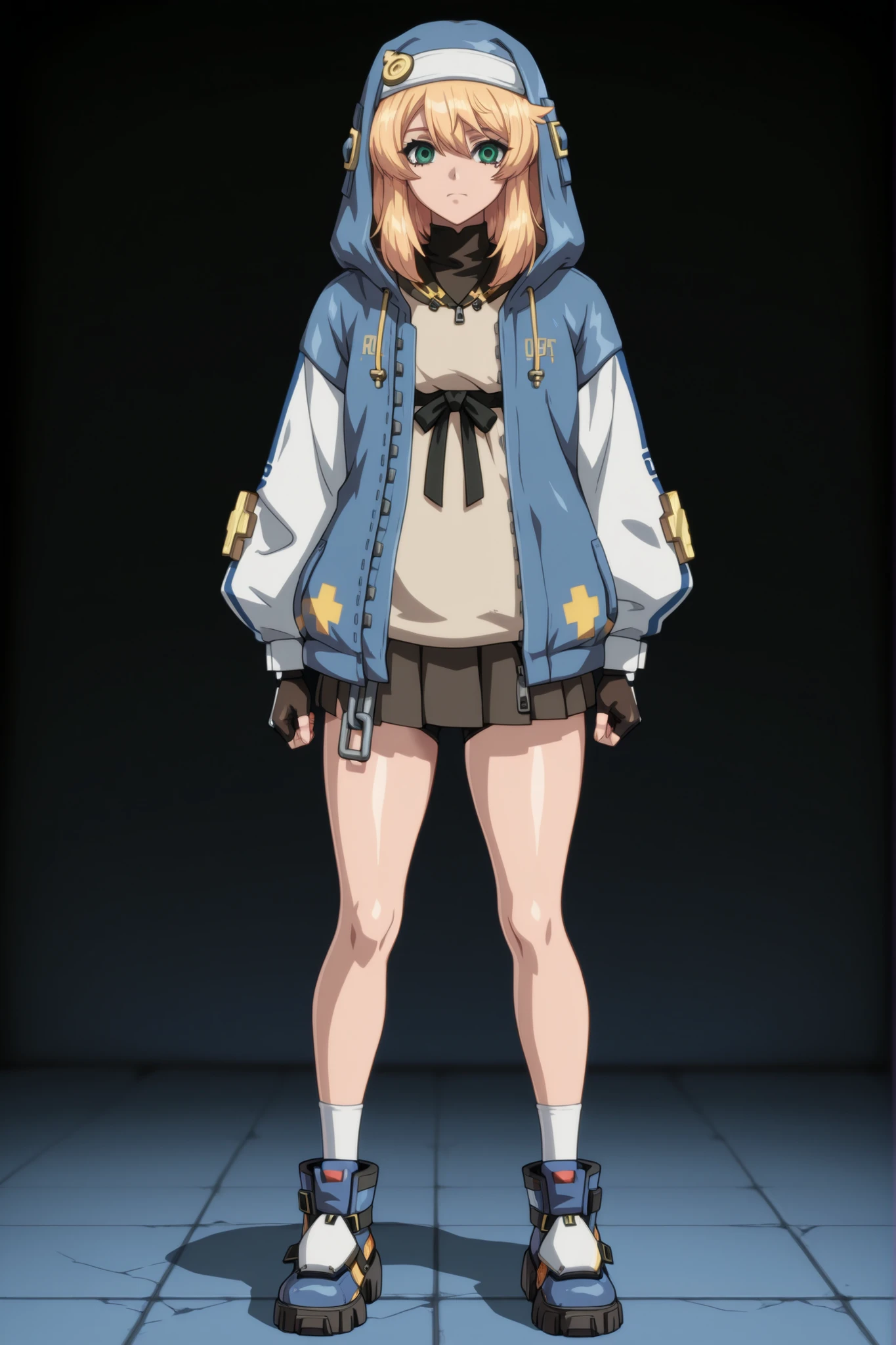 fingerless gloves,hood,green eyes,1girl,Bridget,trap,fullbody