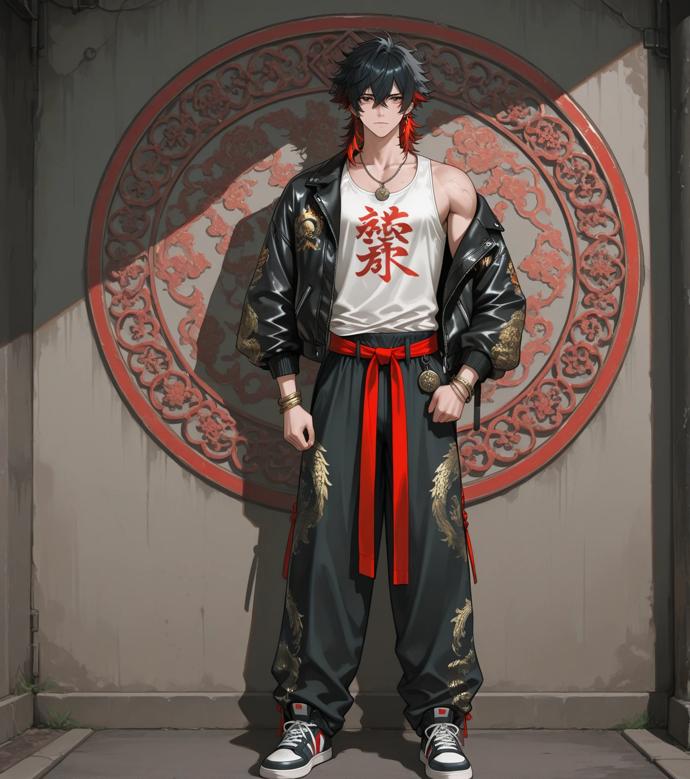 Boy, red eyes, black hair, tribal tattoo on arms, , loose pants, barefoot, hand in pocket, standing, serious face, full body, night background