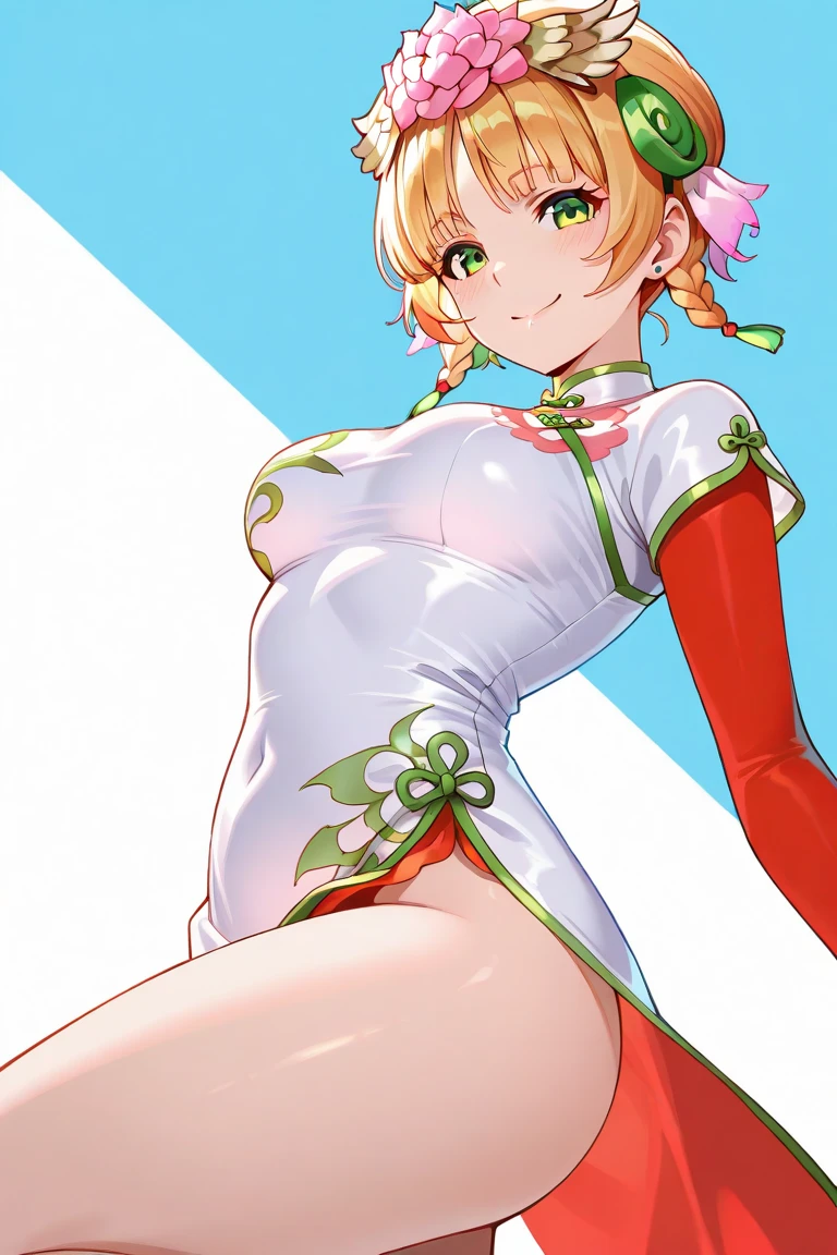 NSFW,((One Man and One Woman,Having sex)),Woman on top,idolmaster,Sakurai Momoka,tiny girl,Lori,short blonde hair,(Beautiful green eyes), small tits,Green Idol Costume,Red roses on the head,Smile with open mouth,Top image quality,Best Quality