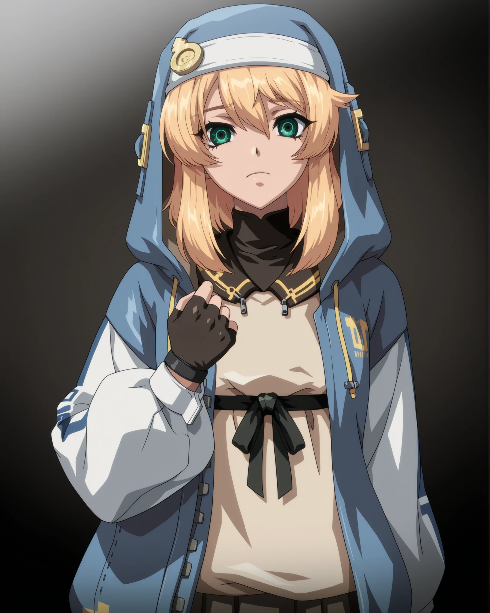 fingerless gloves,hood,green eyes,1girl,Bridget,trap,