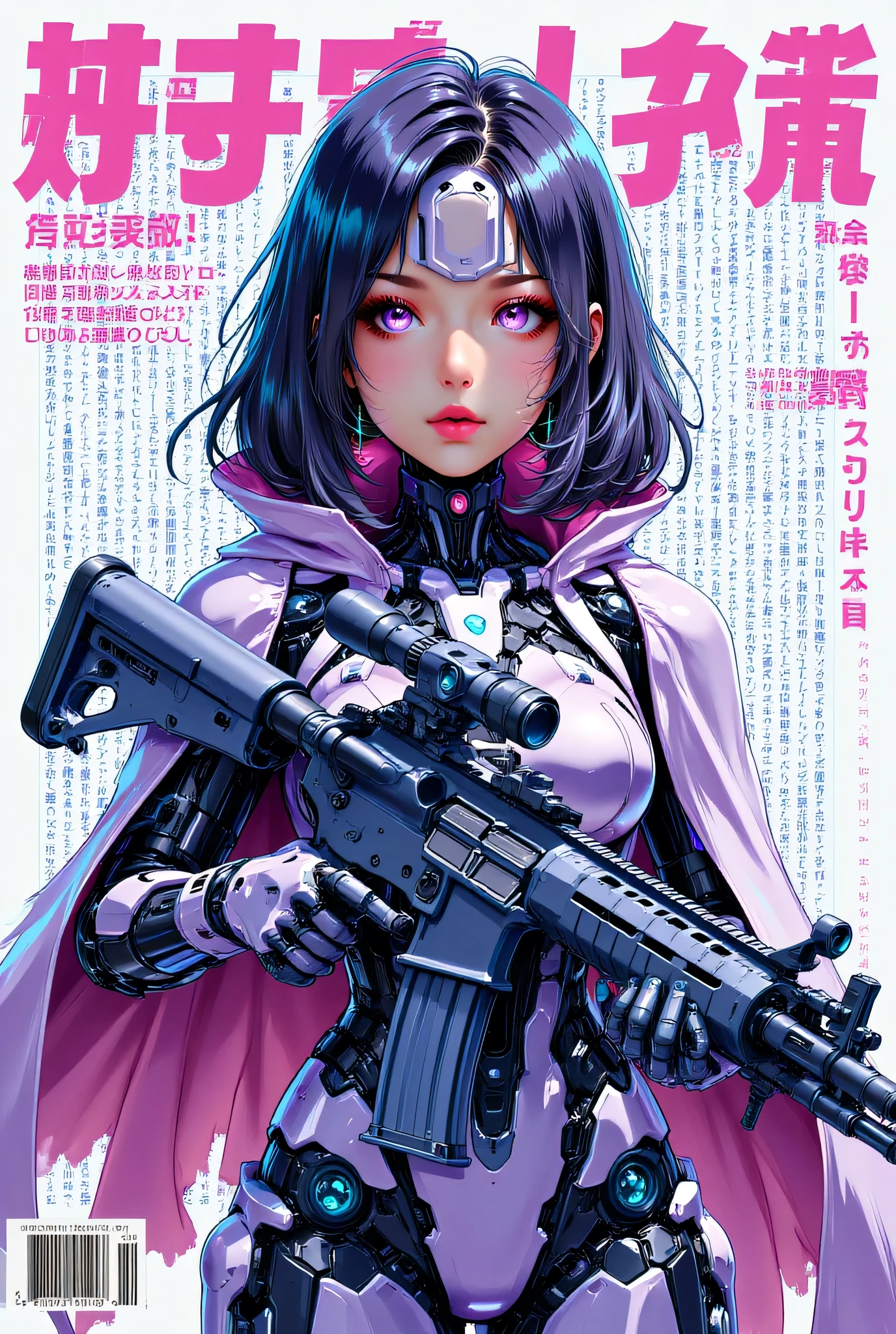 (anime art style (((magazine cover))) illustration) of (cute Asian cyborg girl wearing a extremely intricate cybernetic plug suit and holding a rifle))、((Japanese text)), (Machine Body), ((LED lights)), ((wearing tattered cloak)).