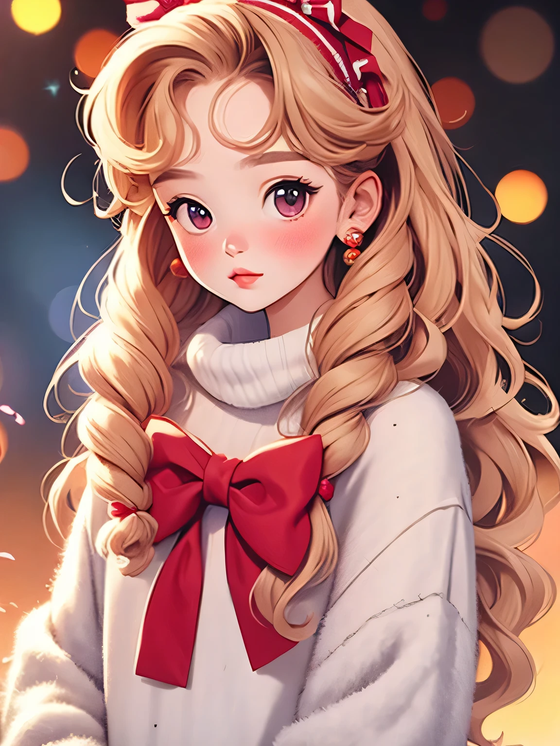 (masterpiece, top quality:1.2), Girl,short height,skinny,smaller ,Alone,to wavy hair, light and fluffy long hair,bow headband,long sleeve turtleneck sweater,details,clean background,Bokeh,subject depth,