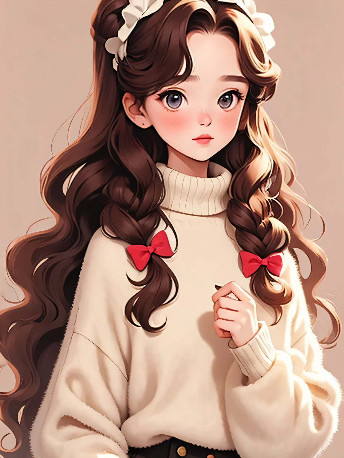 (masterpiece, top quality:1.2), Girl，short height，skinny，smaller ，Alone，to wavy hair， light and fluffy long hair，bow headband，long sleeve turtleneck sweater，details，clean background，Bokeh，subject depth，