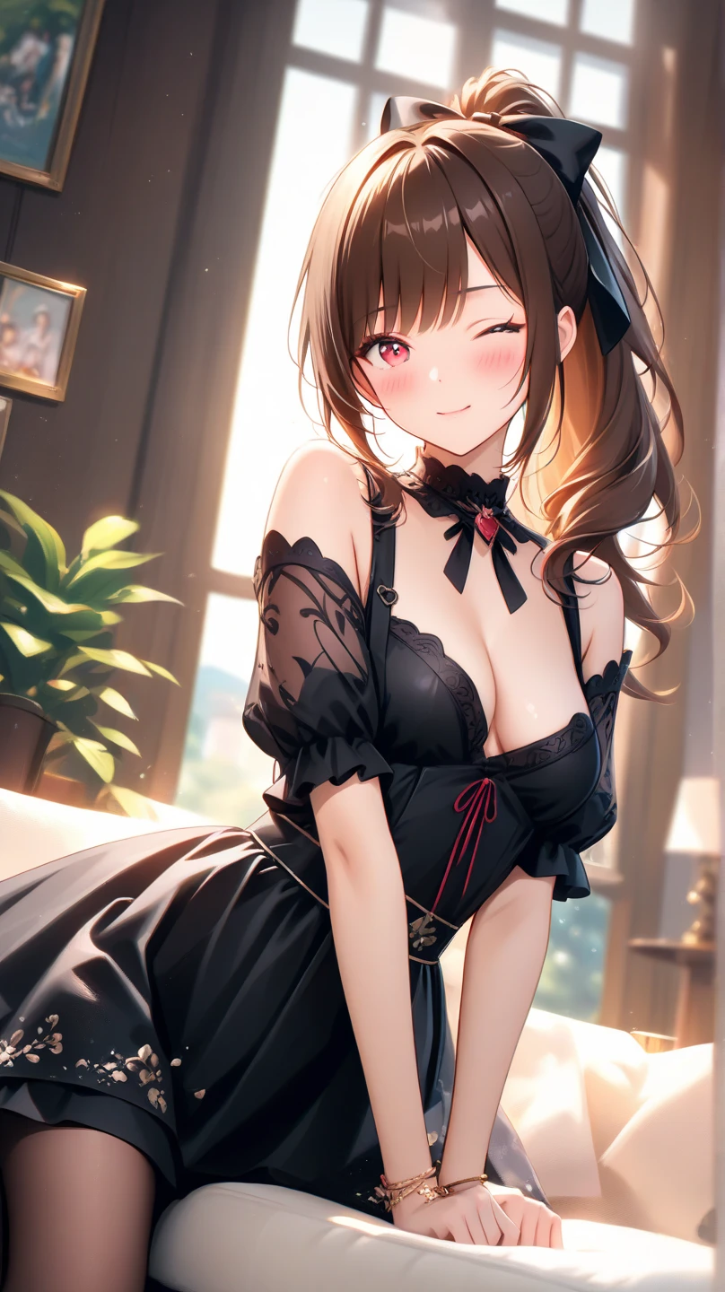 Adult Woman, masterpiece, 1girl, Amazing Cleavage:1.3, thin waist, big ???, Raised ????, medium ??????:1.3,posed cleavage:1.2,solo, open mouth, have a cup of coffee,black hair, red eyes, dress, ???? shoulders, jewelry, collarbone, sidelocks, hairband, earrings, indoors, off shoulder, arms behind back, plant, short hair with long locks, black hairband, sweater dress, off-shoulder sweater, red sweater, big side hair, very long side hair,is rendered in (masterpiece: 1.2, best quality), with (ultra high resolution) and an exquisite (depth of field). This masterpiece is not only visually stunning but also tells, make of cooking some cakes ,in the kitchen,Long dark blonde wavy hair、her thin pubic hair, Puffy ??????、(short flared skirt)、garter stocking、Earring、Medium milk, cute smile face、(Pose to lean forward and emphasize the ?????)、???? ????、high-heels、atlibrary、((Close your arms to your ????? and look up)),(with sparkling eyes and a contagious smile), looking at viewer,