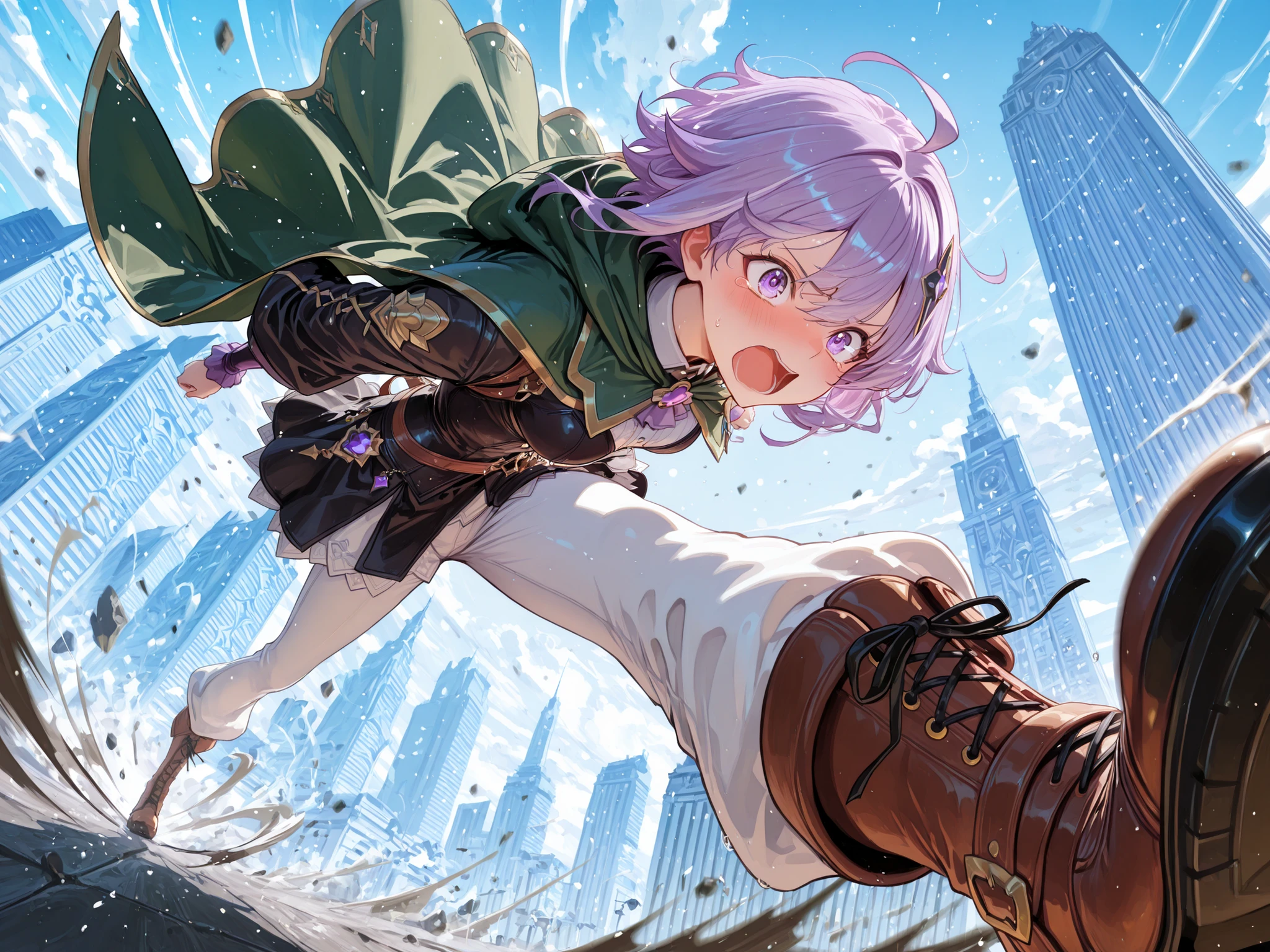 dynamic pose, foreshortening, extreme perspective, perspective, best quality, highres, ultra-detailed, dynamic fantasy scene,
a young sorceress being dragged through the sky by a pair of oversized ornate magical brown shoes, far larger than her feet, the shoes moving with a will of their own,
the shoes are richly decorated with intricate golden patterns, glowing runic engravings, and a shimmering enchanted aura surrounding them, emitting light as they pull her forward with unstoppable force,
the girl’s upper body leans backward in an unstable posture, arms flailing in panic,
short flowing purple hair whipping violently backward, ahoge stretched by the wind, deep green cloak flaring upward, white trousers fluttering,
flustered, panicked, anime-style expression, wide teary amethyst eyes, raised eyebrows, mouth open in a startled kind of confusion, conveying pure overwhelmed surprise,
a dramatic high-altitude background with a distant sprawling city far below her feet, skyscrapers receding into haze, clouds rushing past,
motion blur around the shoes and cloak, magical particles scattering from the enchanted footwear,
cinematic composition, emotional lighting, strong sense of speed, height, and fantasy energy