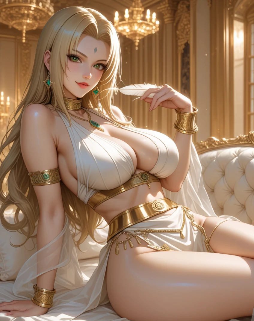 ((???? pose)) ((???? tall greek goddess beauty and love)) ((beautiful face)) ((wide happy smile)) ((red gloss lipstick)) ((very dark eyeshadows make up)) ((detailed eyes))((big bright sky blue eyes)) ((very long messy light blonde hair)) ((sensual lips)) ((very ???????????:1.5)) ((perfect slender body torso1.3)) (((wears ???? fantasy white strings ????? ?????? whit long fabric tail and gold ornament))) ((glowing halo of gold and light above head and behind her)), ((jewelry)) ((choker, gold earrings, white stocking)) ((greek goddess posing ???? in mythical place in the sky above clouds))((high resolution:1.3)), (dynamic shadows)((photorealistic:1.5)) ((masterpiece:1.3)) (8k) (perfect face) ((best quality:1.4)) (perfect hands and eyes)