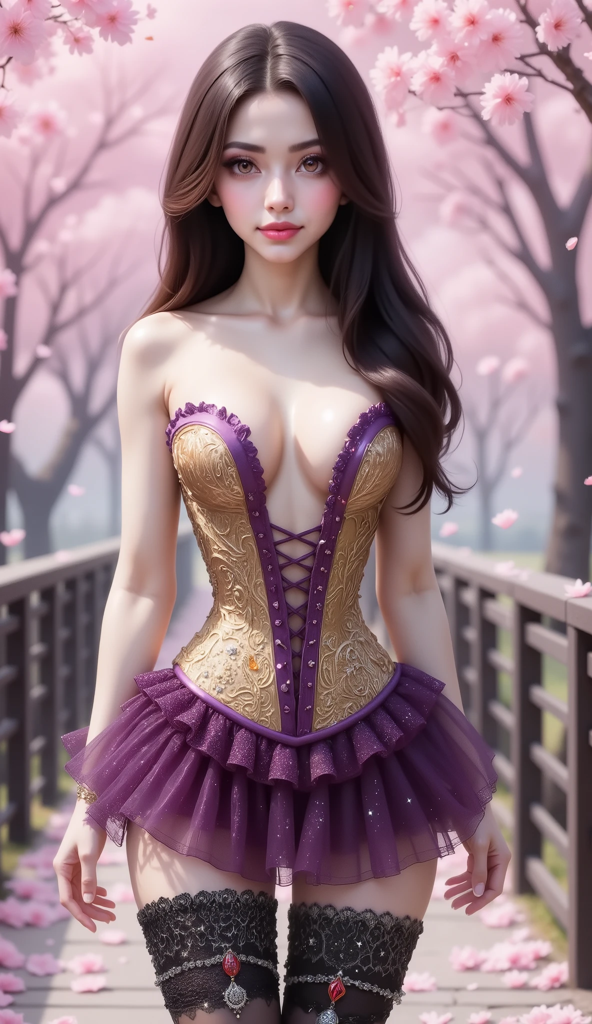 A fantasy-themed heroine stands beneath cherry blossoms, red hair, wearing a white strapless corset-like dress with a deep cleavage, adorned with sparkling jewels and intricate magical embroidery. The dress has a structured hourglass silhouette, softly shimmering in pastel hues. She also wears a ruffled micro mini skirt with a galaxy motif, thigh-high jewels, very long and thick lace stockings that reach down to the crotch with a black lava and flames motif with chain garters, a bracelet that wraps around her thighs, and an ornate red crystal necklace around her neck. The overall look is ethereal, celestial, and elegant, evoking a magical guardian from a fantasy world. The lighting is soft, the atmosphere springtime, and the forest backdrop is enchanting.