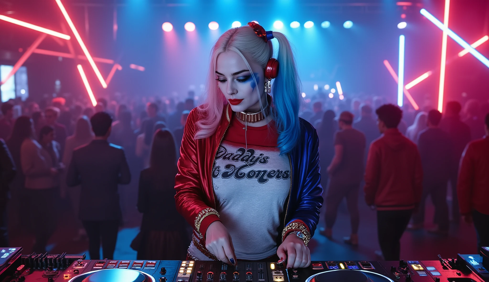 Harley Quinn in a stage in front of a DJ console and using it, wearing a shiny bright suit , wearing shiny red headphones , using a DJ console in a stage, DJ console with neon lights, silver straight hair , big blue eyes , red big lips , a crowd in a night club in the background, one girl , fashion , intrincate , perfect , focused , detailed , Ultra realistic , photorealistic , Ultra HD .
