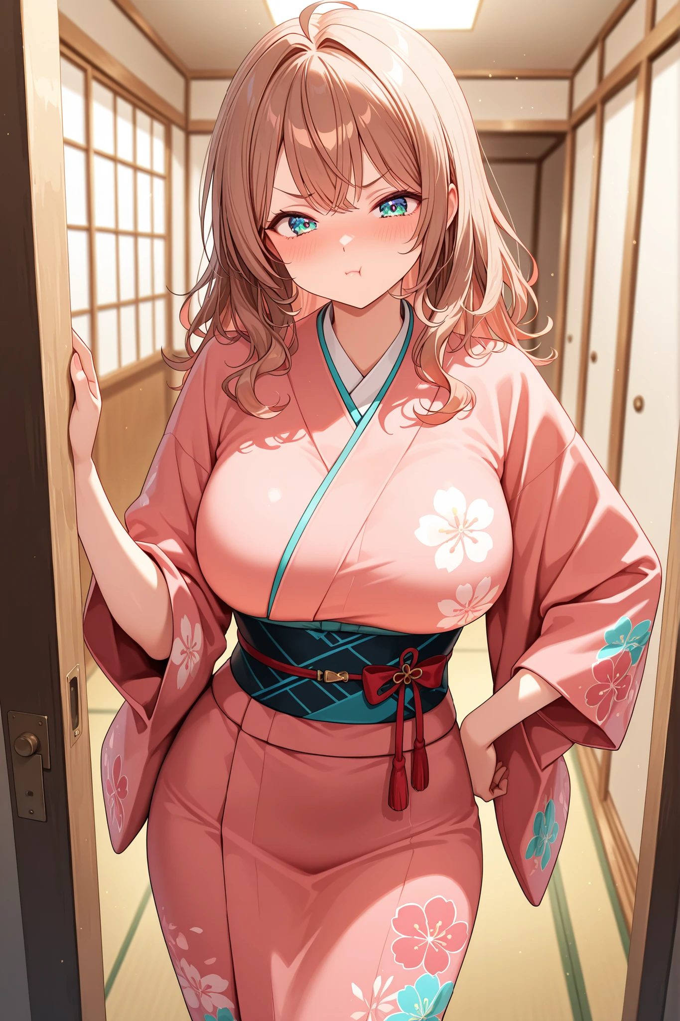 1girl, masterpiece, Highly detailed, High resolution, Maria Mikhailovna Kujou, Alya Sometimes Hides Her Feelings in Russian, Kimono, indoors, Pout, Hand on own hip, Big breasts, Standing