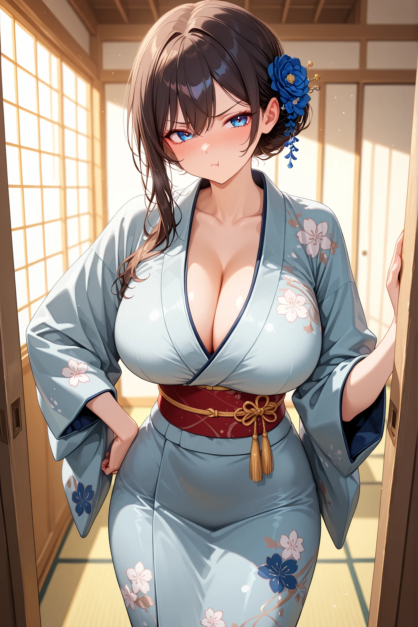 1girl, masterpiece, Highly detailed, High resolution, Yuki Suou, Alya Sometimes Hides Her Feelings in Russian, Kimono, indoors, Pout, Hand on own hip, Big breasts, Standing