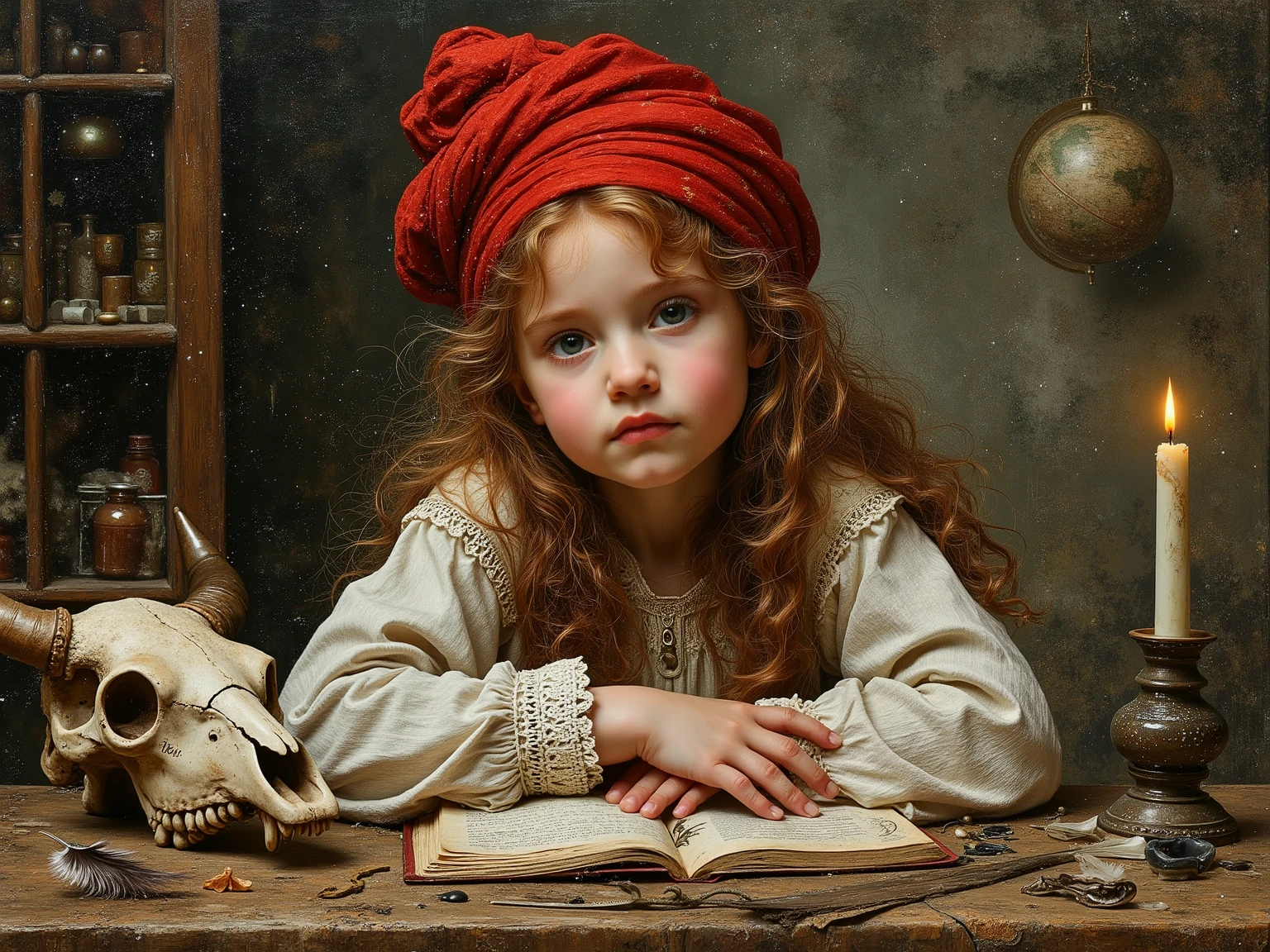 
created a painting with oil painting with huge details , In the style of the artist Leonardo Davinci , The art of the era of European Renaissance ,  A fully detailed painting of a beautiful little girl ( 12 years) Her cheeks are pink. She has long and curly red hair that falls on her shoulders and is leaning on the desk. On the desk, there is a bull skull, a feather, ink, paper, a globe and a burning candle. She wears a wheat lace shirt, wears a red turban on her head, holds an old book with a dark background, a picture that seems cinematic. The angle of view is not taken in front of the girl ( with a full picture of the girl inside the frame and the view from the front ) 
