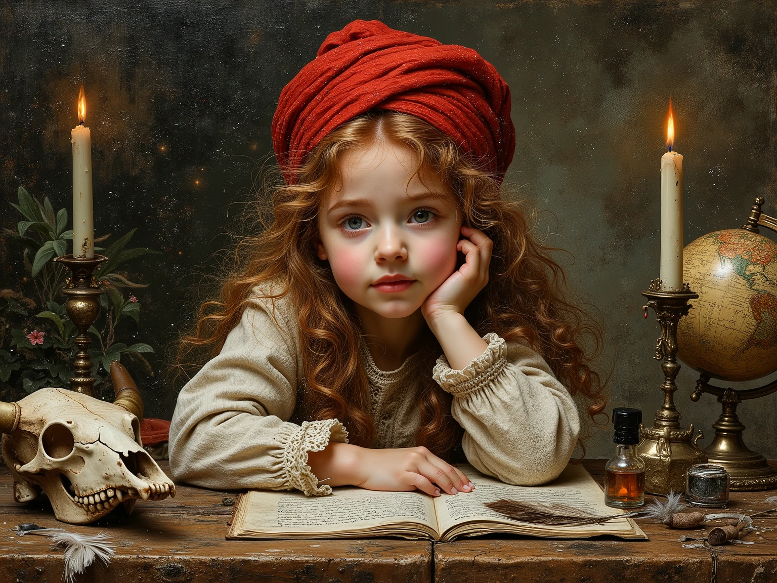 
created a painting with oil painting with huge details , In the style of the artist Leonardo Davinci , The art of the era of European Renaissance ,  A fully detailed painting of a beautiful little girl ( 12 years) Her cheeks are pink. She has long and curly red hair that falls on her shoulders and is leaning on the desk. On the desk, there is a bull skull, a feather, ink, paper, a globe and a burning candle. She wears a wheat lace shirt, wears a red turban on her head, holds an old book with a dark background, a picture that seems cinematic. The angle of view is not taken in front of the girl ( with a full picture of the girl inside the frame and the view from the front ) 
