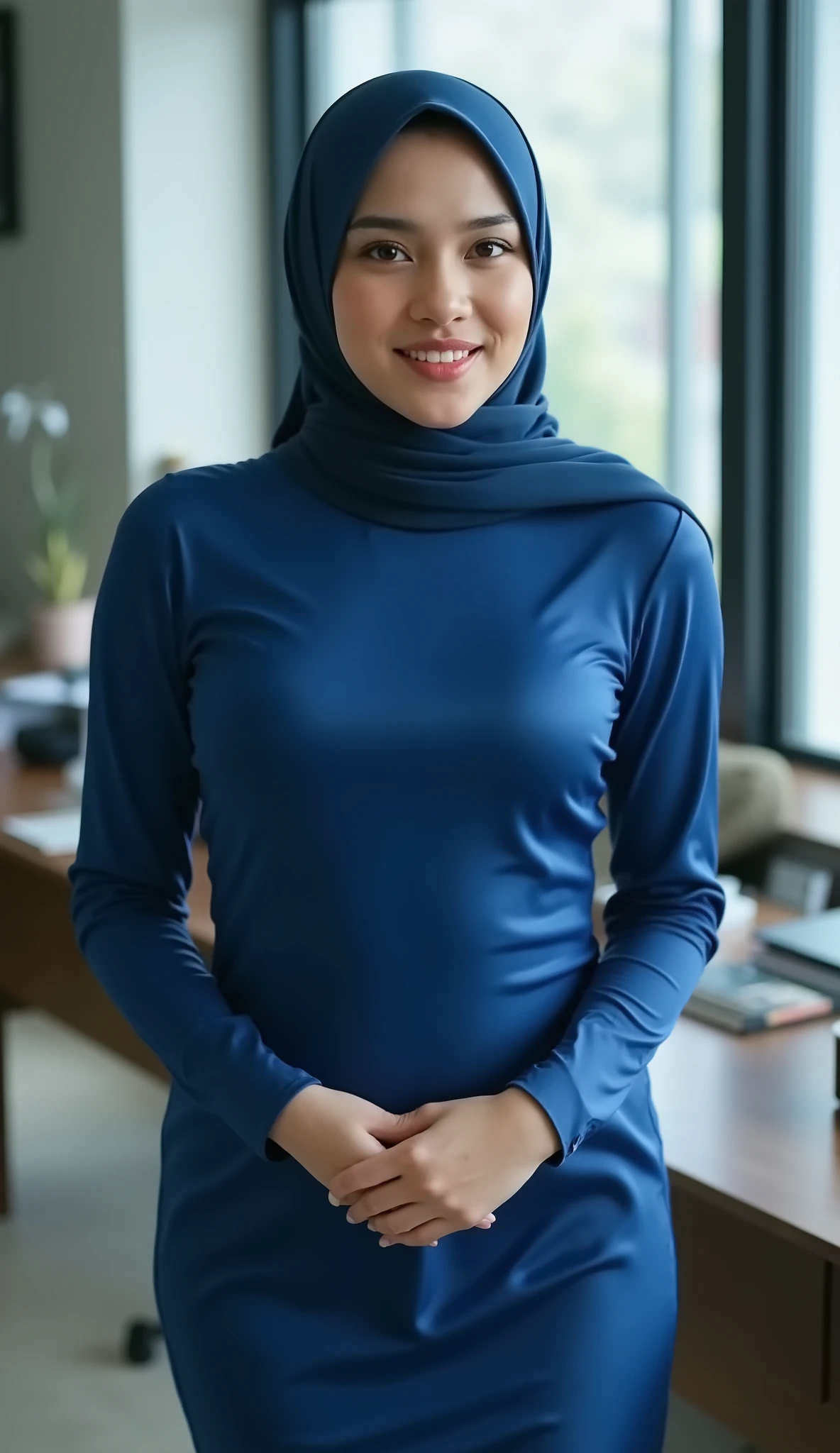 a 35-year-old woman, pashmina indonesia hijab, (((very tight satin long sleeve dress))), calm tone, blue colors, high contrast, detailed facial features, sensual smile expression, 8k, masterpiece, high resolution, photorealistic,hand holding desk, office background, window as background, dramatic lighting, mid daylight, big  ((bulging round )), bent sideways ((emphasize the big protruding   to back)), standing pose sideway((showing big protruding  and pull back)), camera shot full body, ((curvy body)), sensual smile, (((standing pose sideway))), (((she standing beside desk)), smile to camera , camera full body,