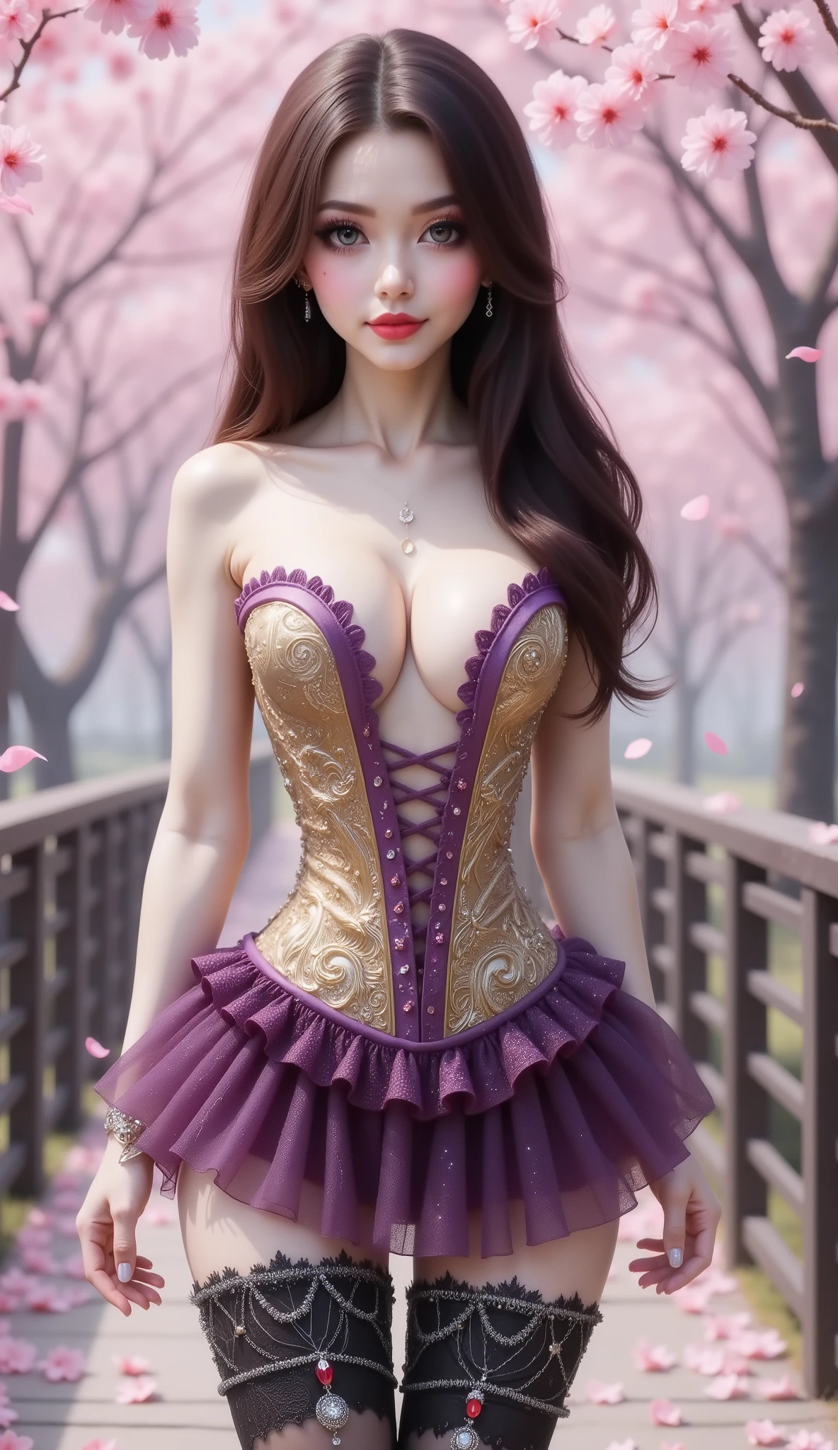 A fantasy-themed heroine stands beneath cherry blossoms, red hair, wearing a white strapless corset-like dress with a deep cleavage, adorned with sparkling jewels and intricate magical embroidery. The dress has a structured hourglass silhouette, softly shimmering in pastel hues. She also wears a  ruffled micro mini skirt with a galaxy motif, thigh-high jewels, very long and thick lace stockings that reach down to the  with a black lava and flames motif with chain garters, a bracelet that wraps around her thighs, and an ornate red crystal necklace around her neck. The overall look is ethereal, celestial, and elegant, evoking a magical guardian from a fantasy world. The lighting is soft, the atmosphere springtime, and the forest backdrop is enchanting.