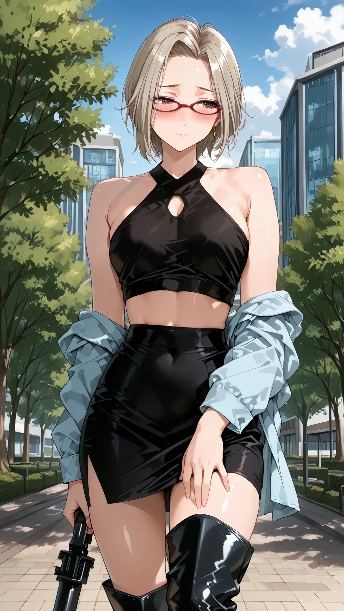 solo, tomoe (accelerando), purple eyes, brown hair, short hair, glasses, mature woman, Tight waist、Small waist、shiny Skin , (upper body), sexy, (adult woman, 25+), score_9, score_8_up, score_7_up, source_anime,(extremely detailed CG), (best quality), platinum blonde hair, standing in front of a giant boot object. She is waiting for her lover, looking shy and bashful, blushing slightly, looking down nervously. Whimsical outdoor art installation, oversized boot object, urban park setting, soft natural lighting, cinematic depth of field, 8k resolution, high quality photo.