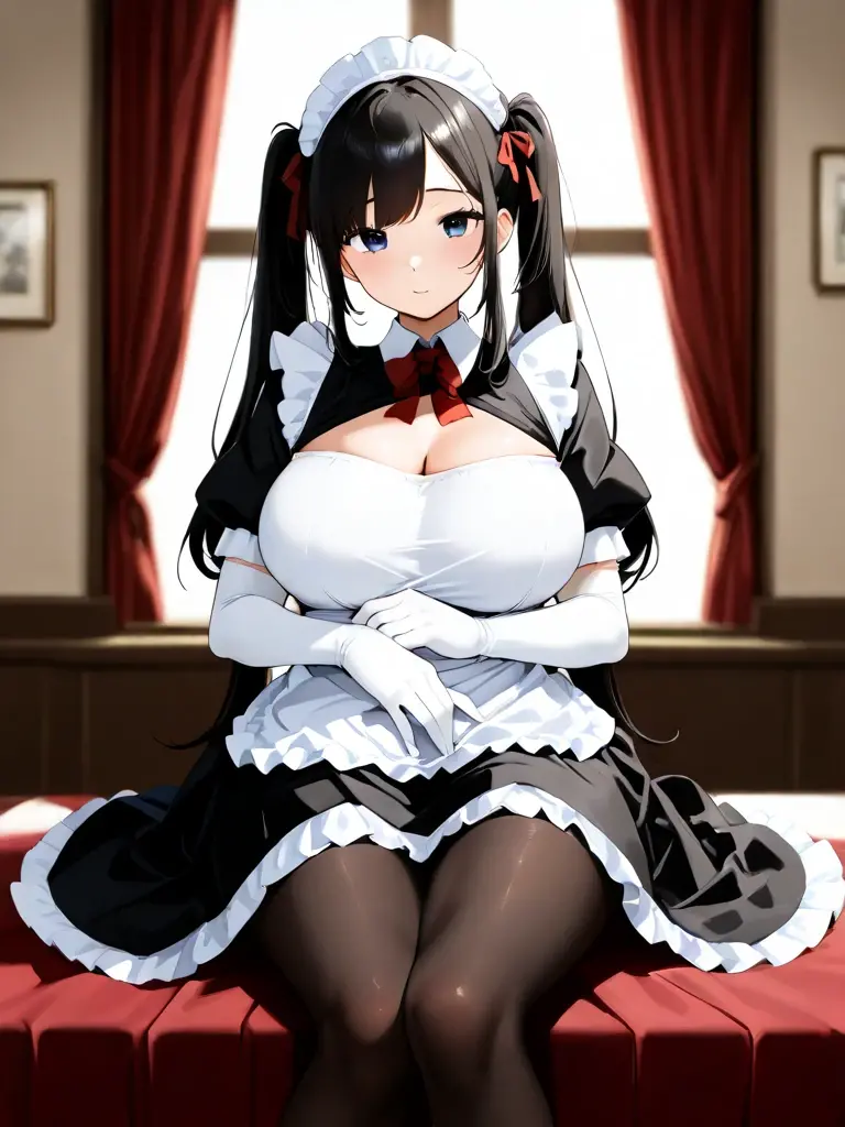 A woman wearing a maid dress, long skirt, long stockings, long black hair, long pigtails, burgundy eyes, big breasts, smiling, in a modern room. HDR, masterpiece, well defined, ultra resolution, high quality, 8k HD. (just a woman, solo)
