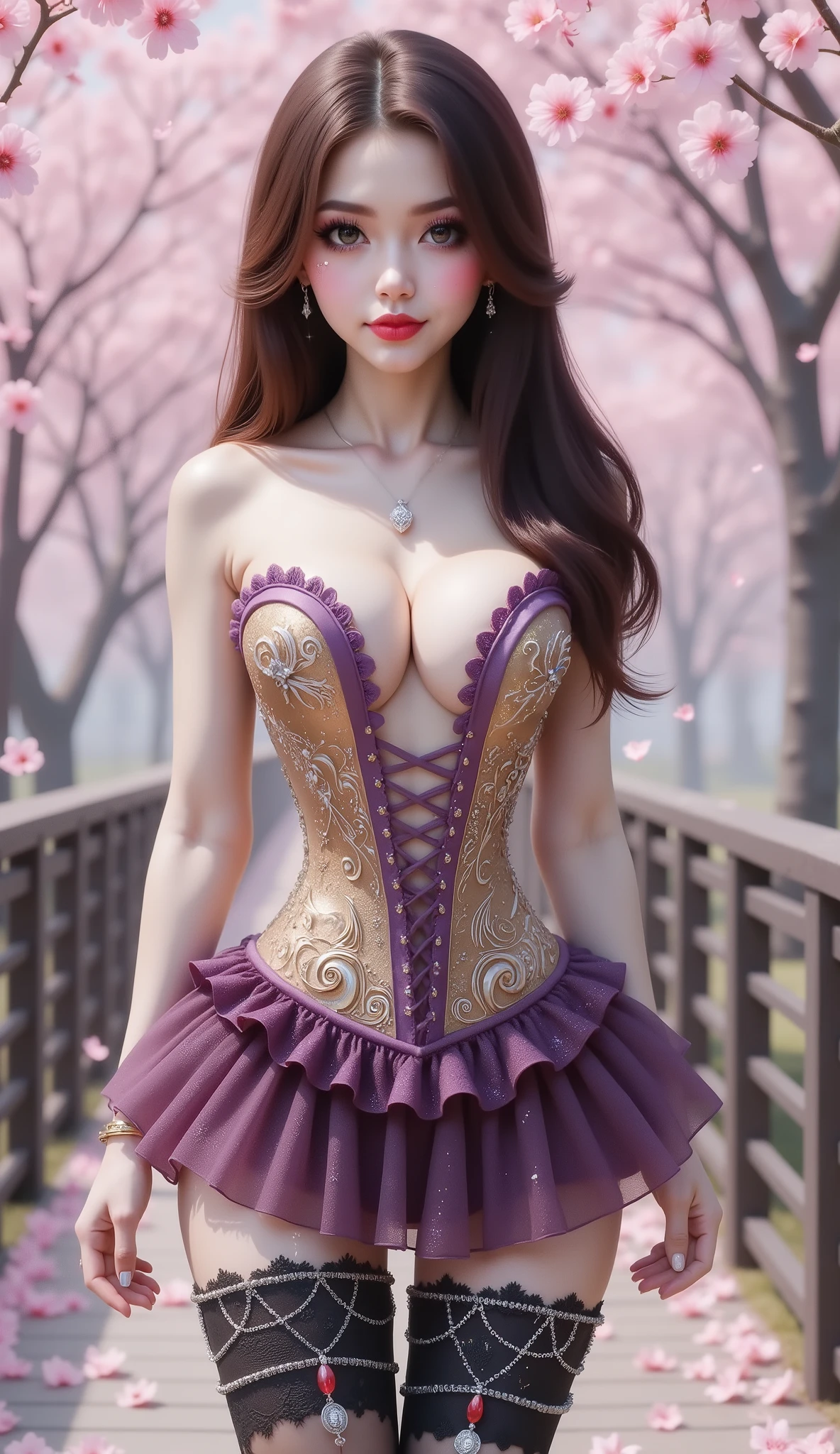 A fantasy-themed heroine stands beneath cherry blossoms, red hair, wearing a white strapless corset-like dress with a deep cleavage, adorned with sparkling jewels and intricate magical embroidery. The dress has a structured hourglass silhouette, softly shimmering in pastel hues. She also wears a ruffled micro mini skirt with a galaxy motif, thigh-high jewels, very long and thick lace stockings that reach down to the with a black lava and flames motif with chain garters, a bracelet that wraps around her thighs, and an ornate red crystal necklace around her neck. The overall look is ethereal, celestial, and elegant, evoking a magical guardian from a fantasy world. The lighting is soft, the atmosphere springtime, and the forest backdrop is enchanting.