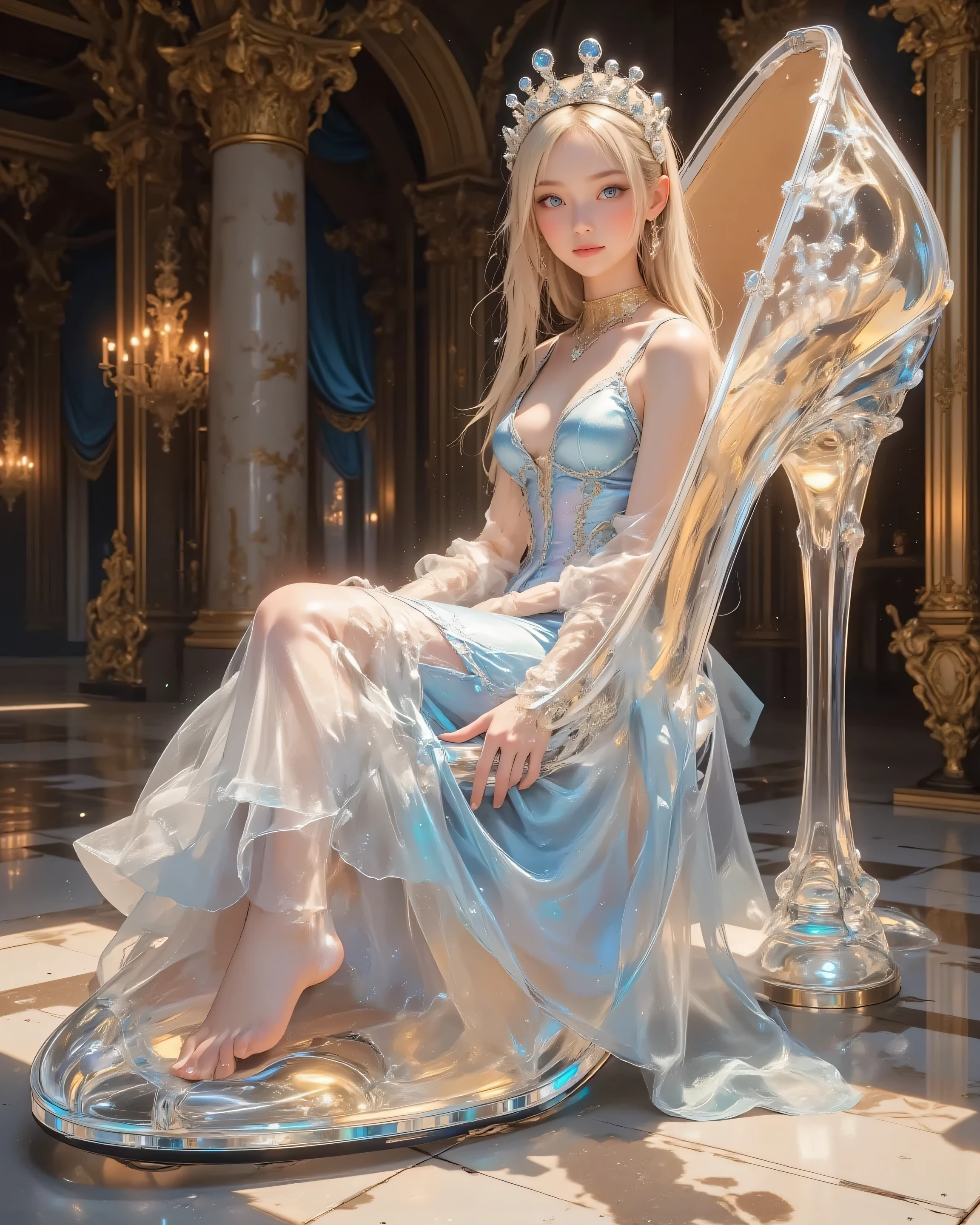 Colossal glass slipper as monumental centerpiece; Cinderella gracefully inside the transparent shoe cavity, perfectly aligned so her body does not intersect or penetrate the shoe structure. Theme: ultimate feminine beauty expressed through fairy-tale elegance. Skin luminous, flawless, soft glow with subtle micro-texture detail (delicate pores, gentle peach fuzz), natural subsurface scattering. Anatomically correct proportions, harmonious limbs, elegant posture. Supremely beautiful face with joyful yet bashful expression: shy blush, sparkling eyes, lips softly parted. She gazes naturally and directly toward the viewer, radiating enchantment. Mood is alluring yet tasteful, never explicit. Cinderella’s gown: flowing ball dress in shimmering pale blue, layered tulle and satin, sparkling highlights, realistic fabric folds and drape.
Composition guided by golden ratio: primary focal point on her face and shoulders, secondary on the gleaming rim of the glass slipper. Pose: seated gracefully within the hollow, one leg bent naturally with pointed toes, torso upright with gentle curve; hands resting lightly on the rim for delicate tension. Scale cues: monumental shoe proportions, crystalline transparency, refracted light patterns, shadow gradients across vast surfaces.
Lighting: cinematic golden-hour key with soft rim light; gentle bounce from transparent glass edges; refracted highlights and caustics on skin and gown; subtle volumetric haze for dreamlike atmosphere. Skin rendered with high micro-contrast, controlled speculars, velvety shadows. Color palette: crystalline transparency, pale blue, champagne gold, blush pink, ivory, deep noir accents. Background: palace ballroom ambience with velvet drapery, creamy bokeh, faint mist for depth.
Camera: 50mm prime, low-angle perspective for grandeur, shallow depth of field at f/2.0; subject crisp, background softly defocused. Rendering: hyper-real yet poetic, luxurious and whimsical; ultra-detailed, clean gradients, refined hig