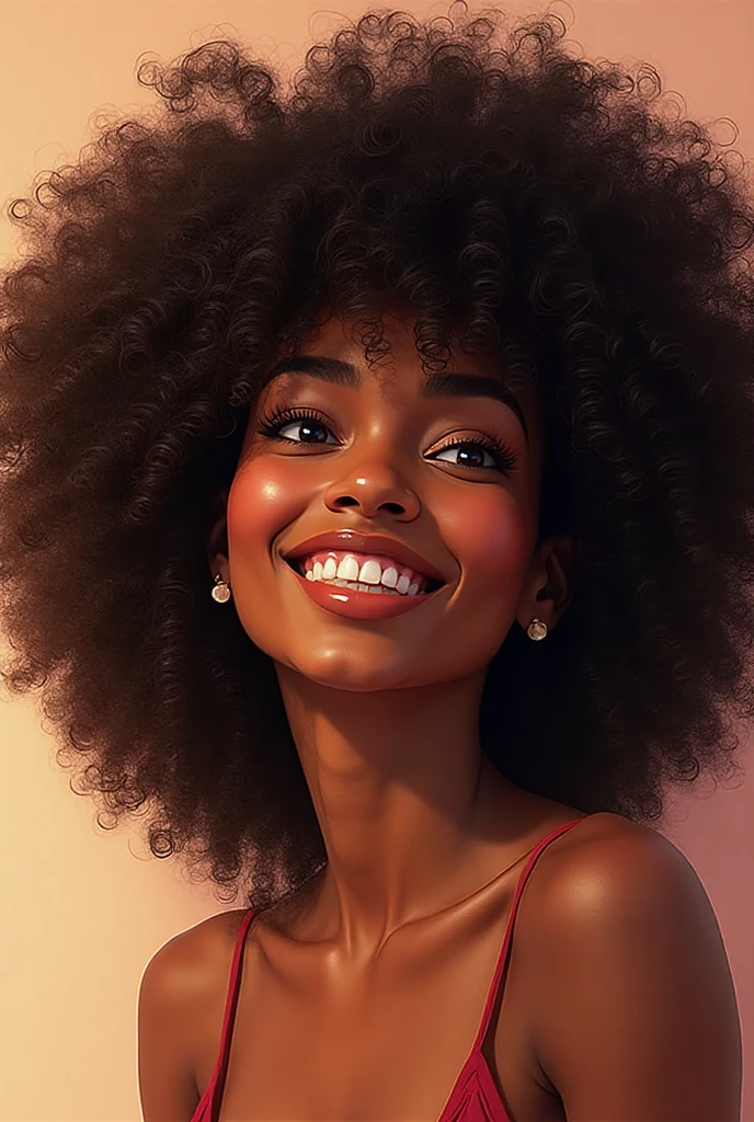 black female, gorda, with afro hair, beautiful smile with red lipstick 