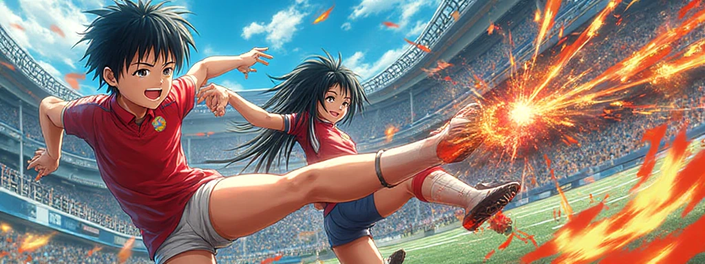 Black anime girl, black hair tied up, wearing blue and red and white soccer kit, wearing soccer boots, on the stadium, kicking ball, nike soccer kit, blue, long tied hair