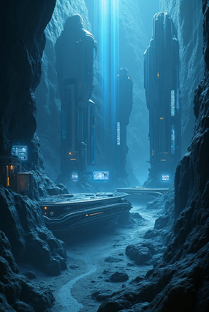 Futuristic secret base, integrated into the asteroid. Huge metal hangars, holographic maps, shining power reactors. Cold blue color palette, sci-fi, super detailed image, Cinematic light.