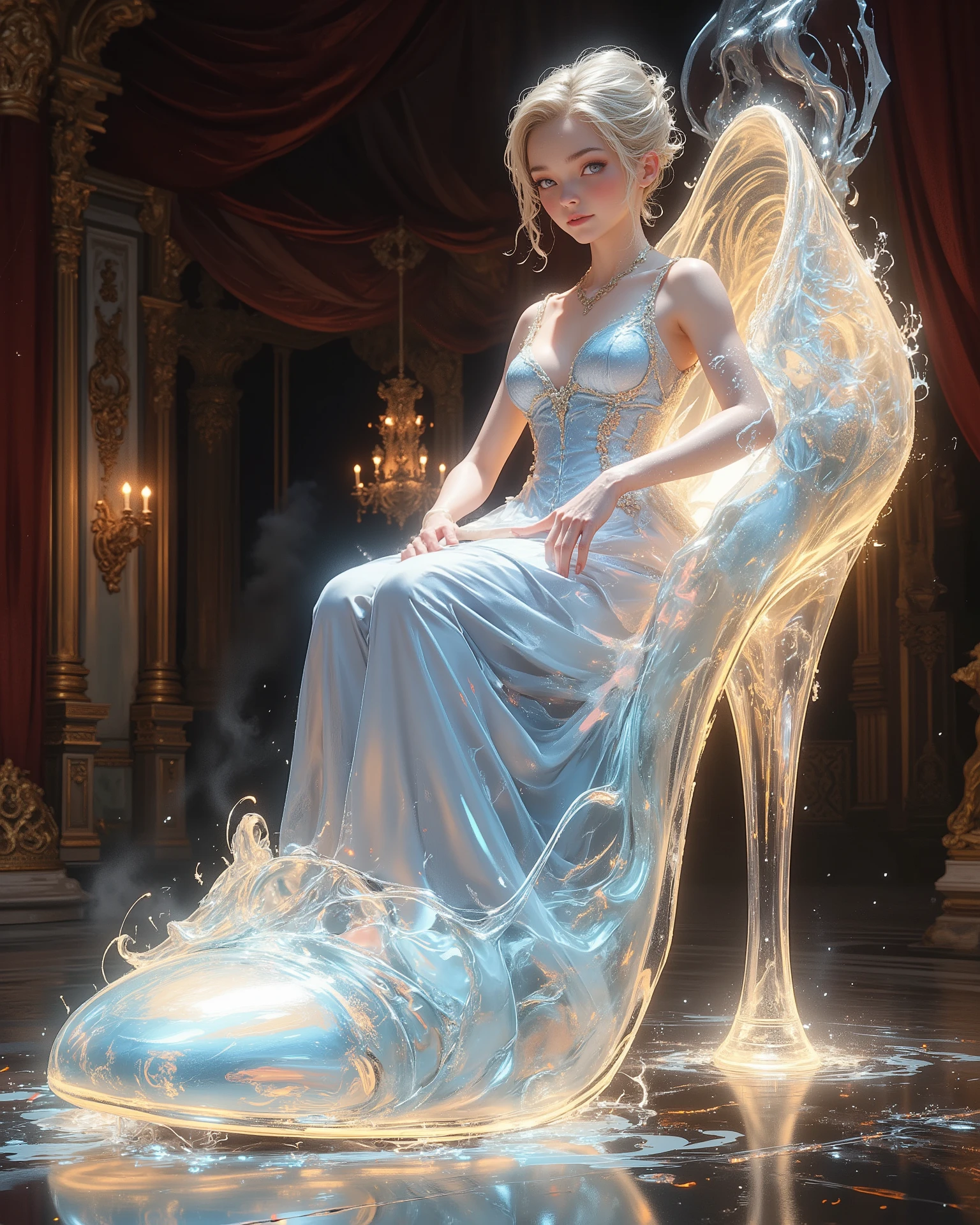 Colossal glass slipper as monumental centerpiece; Cinderella gracefully inside the transparent shoe cavity, perfectly aligned so her body does not intersect or penetrate the shoe structure. Theme: ultimate feminine beauty expressed through fairy-tale elegance. Skin luminous, flawless, soft glow with subtle micro-texture detail (delicate pores, gentle peach fuzz), natural subsurface scattering. Anatomically correct proportions, harmonious limbs, elegant posture. Supremely beautiful face with joyful yet bashful expression: shy blush, sparkling eyes, lips softly parted. She gazes naturally and directly toward the viewer, radiating enchantment. Mood is alluring yet tasteful, never explicit. Cinderella’s gown: flowing ball dress in shimmering pale blue, layered tulle and satin, sparkling highlights, realistic fabric folds and drape.
Composition guided by golden ratio: primary focal point on her face and shoulders, secondary on the gleaming rim of the glass slipper. Pose: seated gracefully within the hollow, one leg bent naturally with pointed toes, torso upright with gentle curve; hands resting lightly on the rim for delicate tension. Scale cues: monumental shoe proportions, crystalline transparency, refracted light patterns, shadow gradients across vast surfaces.
Lighting: cinematic golden-hour key with soft rim light; gentle bounce from transparent glass edges; refracted highlights and caustics on skin and gown; subtle volumetric haze for dreamlike atmosphere. Skin rendered with high micro-contrast, controlled speculars, velvety shadows. Color palette: crystalline transparency, pale blue, champagne gold, blush pink, ivory, deep noir accents. Background: palace ballroom ambience with velvet drapery, creamy bokeh, faint mist for depth.
Camera: 50mm prime, low-angle perspective for grandeur, shallow depth of field at f/2.0; subject crisp, background softly defocused. Rendering: hyper-real yet poetic, luxurious and whimsical; ultra-detailed, clean gradients, refined highlights. Emphasize elegance, grace, enchanting allure; celebrate beauty through light, texture, and monumental scale.