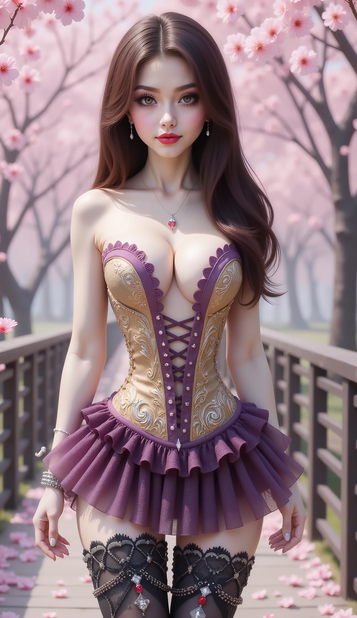 A fantasy-themed heroine stands beneath cherry blossoms, red hair, wearing a white strapless corset-like dress with a deep cleavage, adorned with sparkling jewels and intricate magical embroidery. The dress has a structured hourglass silhouette, softly shimmering in pastel hues. She also wears a  ruffled micro mini skirt with a galaxy motif, thigh-high jewels, very long and thick lace stockings that reach down to the  with a black lava and flames motif with chain garters, a bracelet that wraps around her thighs, and an ornate red crystal necklace around her neck. The overall look is ethereal, celestial, and elegant, evoking a magical guardian from a fantasy world. The lighting is soft, the atmosphere springtime, and the forest backdrop is enchanting.