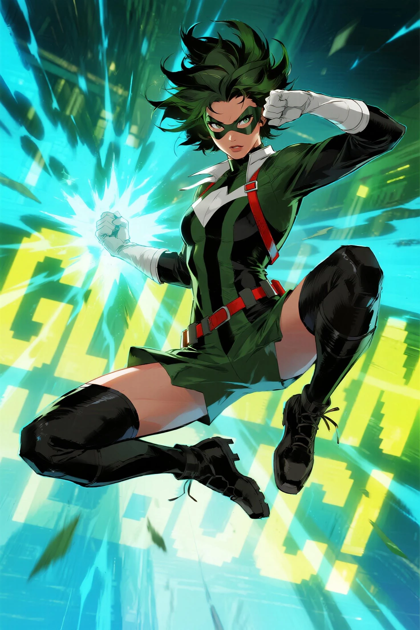 A City with a beautiful sunset with a Wonderful Beautiful Adult Woman with black hair and green eyes and wearing Sneakers, Aerodynamic Jumpsuit, Helmet with visor Gloves with protective pads, jewelry and elbow pads, Short Cover and Logo and Emblem with the Power to fly in just 75% levitating and smoking a cigarette and staring at the camera  