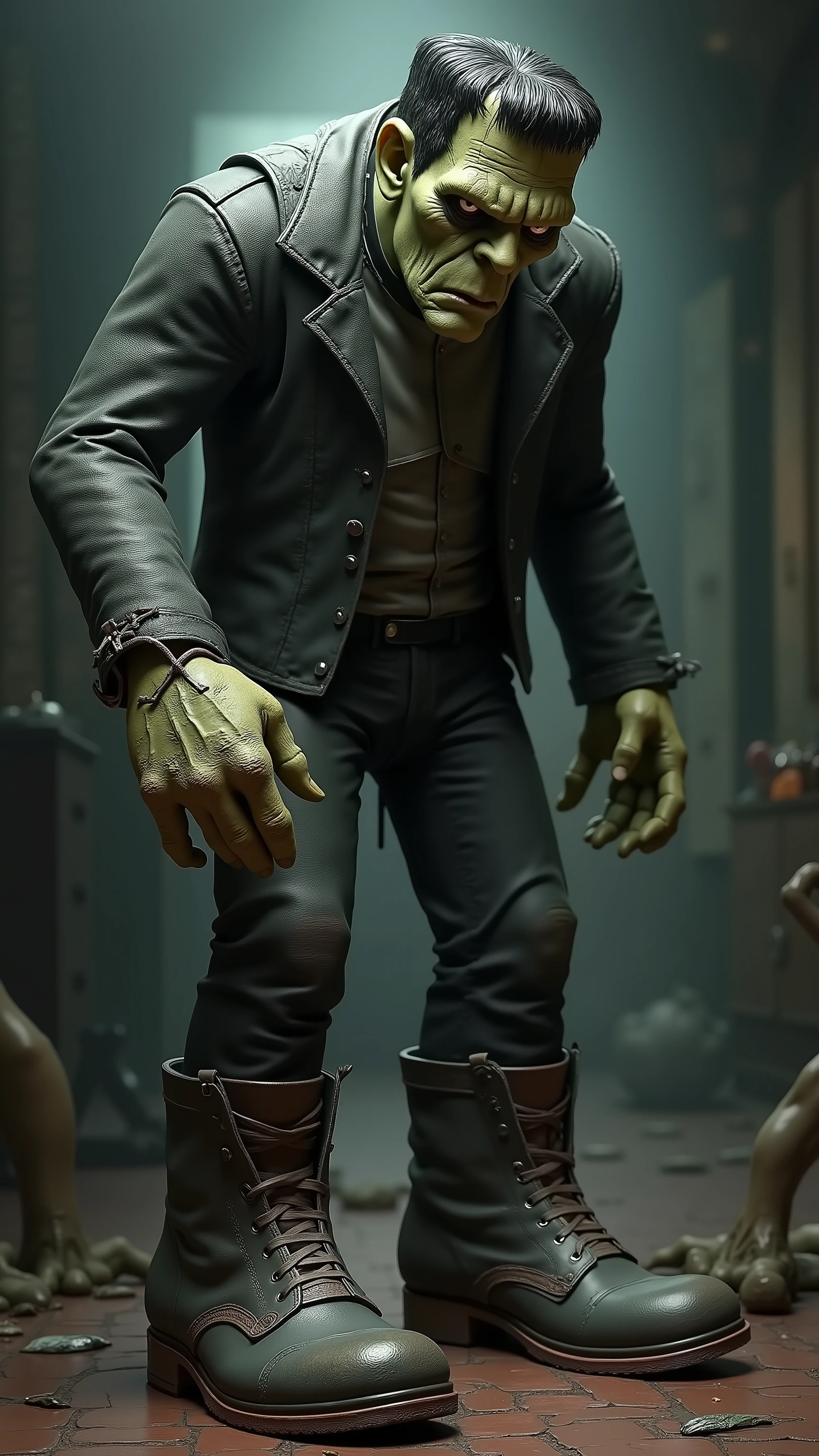 highdefinition picture、An image of Frankenstein asking for help from his big shoes、