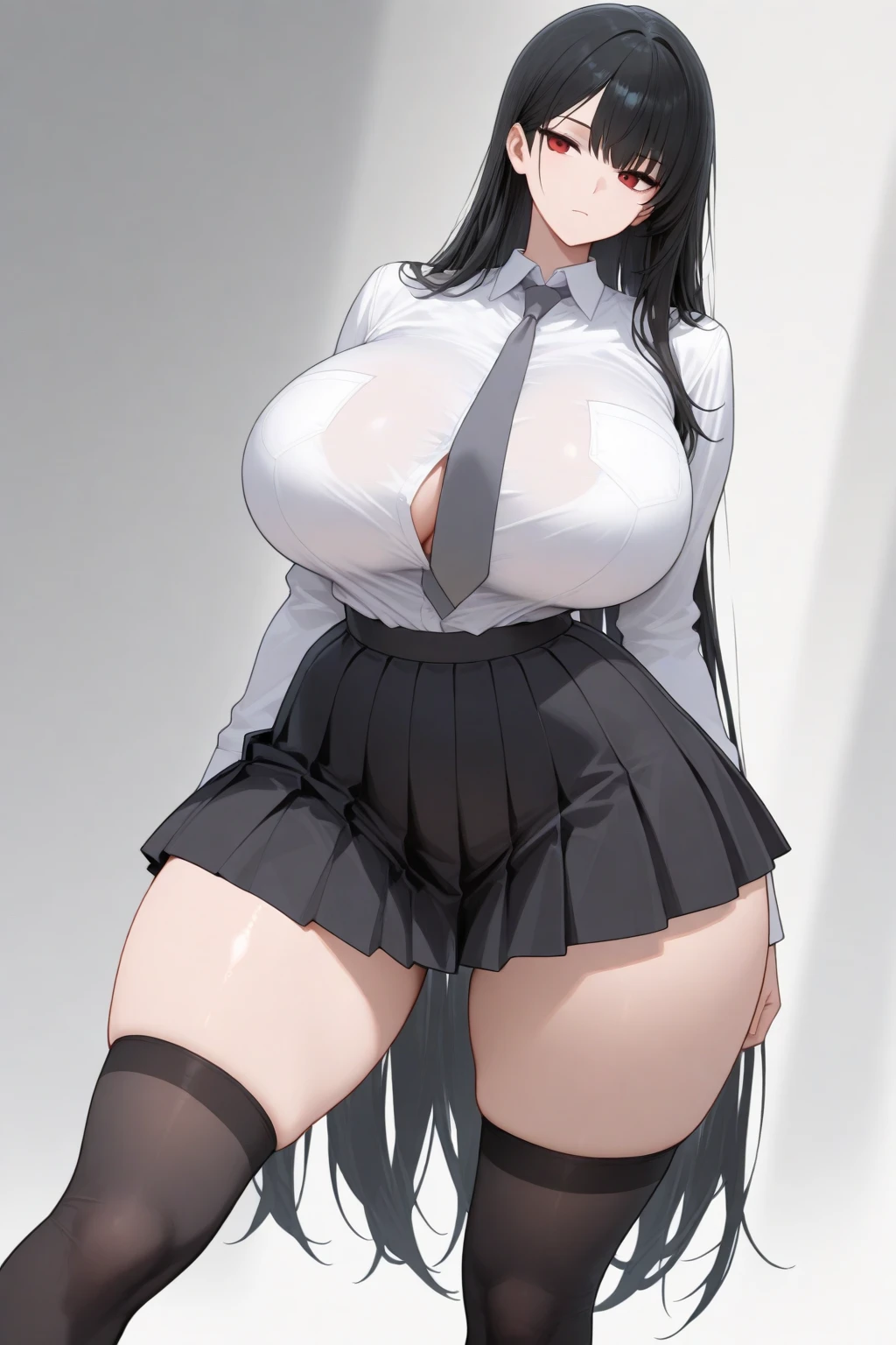 girl in a white shirt with e cup  and big but toned thighs with thigh highs and she has a comment that says impregnate me with her hand on her raging camel to with tight skirt and red eyes and black hair