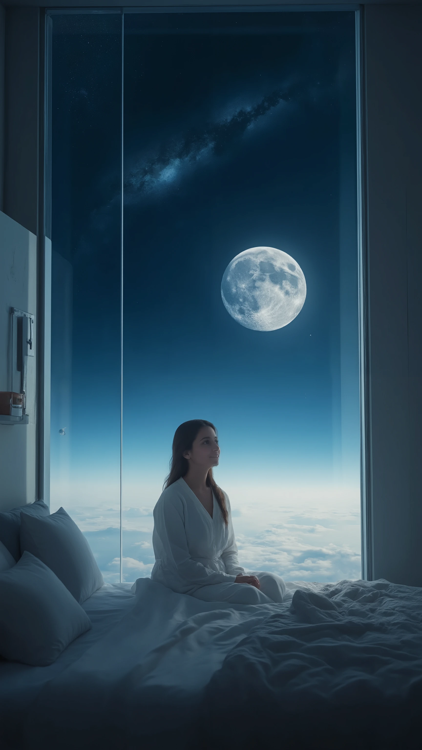 highdefinition picture、Space Camp、Space Hotels、A girl wakes up in a glass-walled room、A girl wakes up in a glass room with a view of the Earth and the Moon