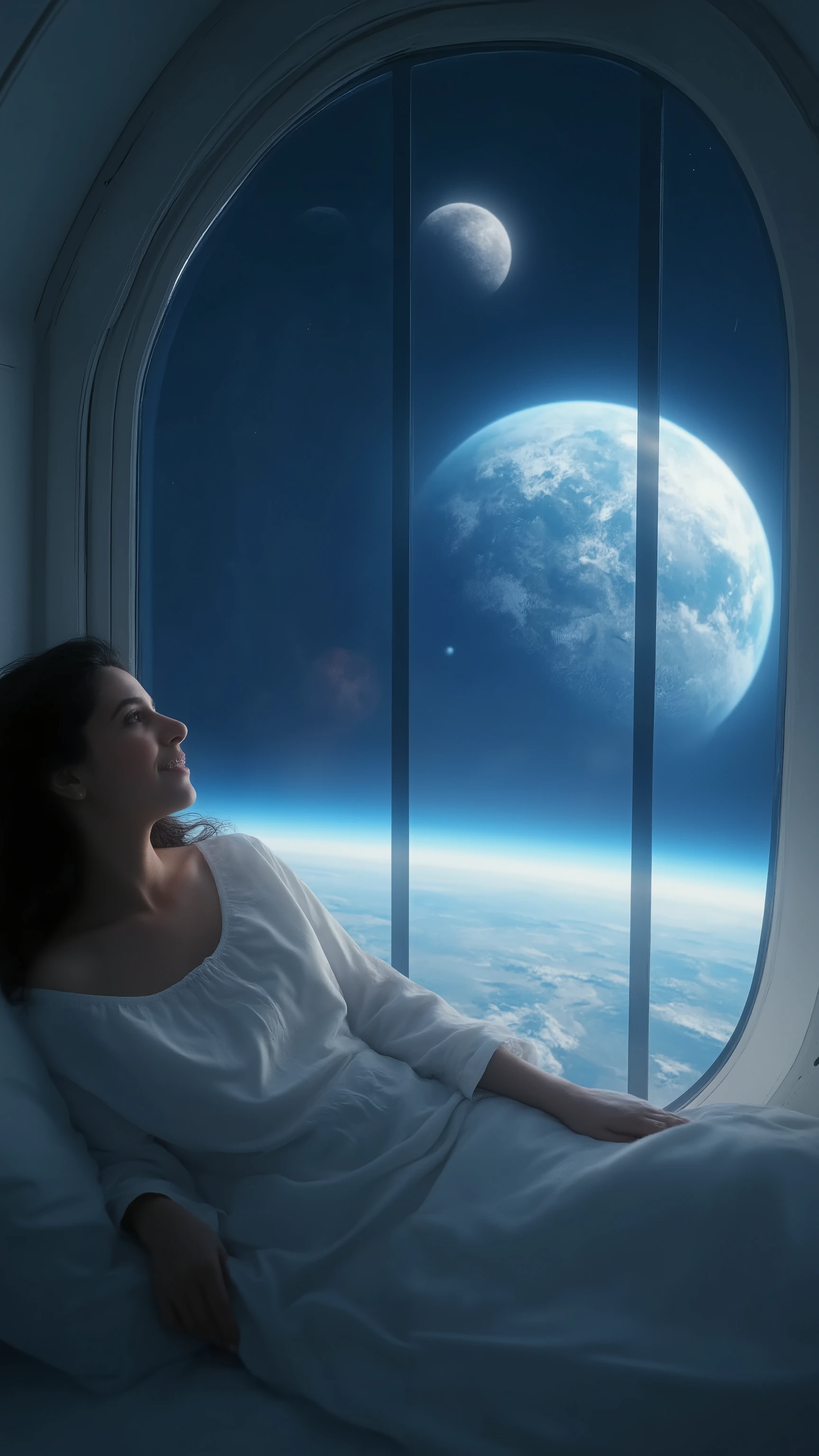 highdefinition picture、Space Camp、Space Hotels、A girl wakes up in a glass-walled room、A girl wakes up in a glass room with a view of the Earth and the Moon