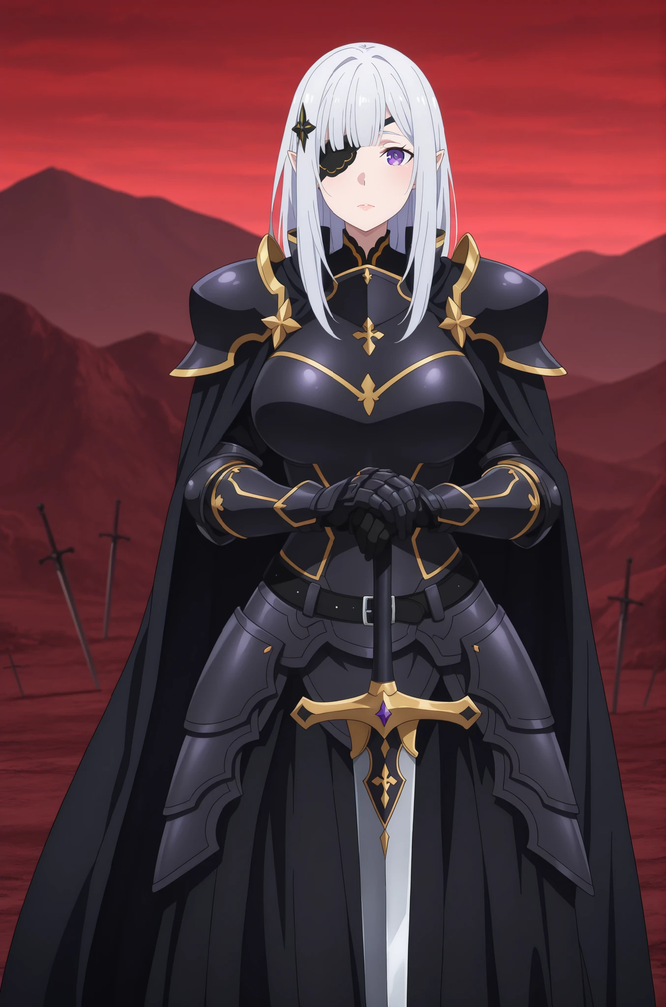 anime screencap, anime coloring, detailed face, masterpiece, best quality, very aesthetic, absurdres, volumetric lighting, adult ReZero, Solo, Satella-God, Anime, 1girl, Mature adult Female, pointy ears, long hair, hair ornament, silver hair, lips, purple eyes, big breasts, glamorous bodies, attractive bodies, big Curvy, Slutty, Neat, high body, ((one eye covered , eyepatch , knight, armored dress, black cape, black armor, pauldrons, gauntlets, black gloves, black belt, faulds, long skirt, black skirt,)), (((Sexy,))), hands on hilt , planted sword , standing , looking at viewer , cowboy shot , red sky , scenery , mountain , dark , photo background , blurry background 