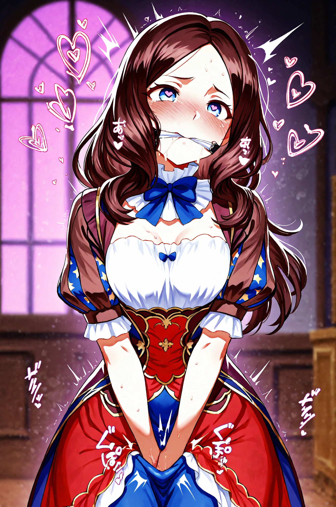 ((Tabletop, Highest quality, High resolution, , Pixel Perfect, 4K, ))), Beautiful woman,, alone, beauty、The whole body is visible、 (((Sexy Witch Cosplay), Long dark blonde wavy hair、Off-the-shoulder jacket,　Dark blue flared skirt、Black knee-high stockings、、、Mid-wave hair, bangs, Brown Hair)), ((Brown eyes, Beautiful eyelashes, Realistic eyes)), ((Detailed face, Blushing:1.2)), ((Smooth texture:0.75, Realistic texture:0.65, Realistic:1.1, Anime CG Style)), Center of chest, Dynamic Angle, Perfect body, ((,)), 、、Very embarrassing panic smile, 、Princess Bedroom in Castle、On the bed、Lying in bed、look up、( are visible, 、、、、、Pink lace 、)、Angle from below
