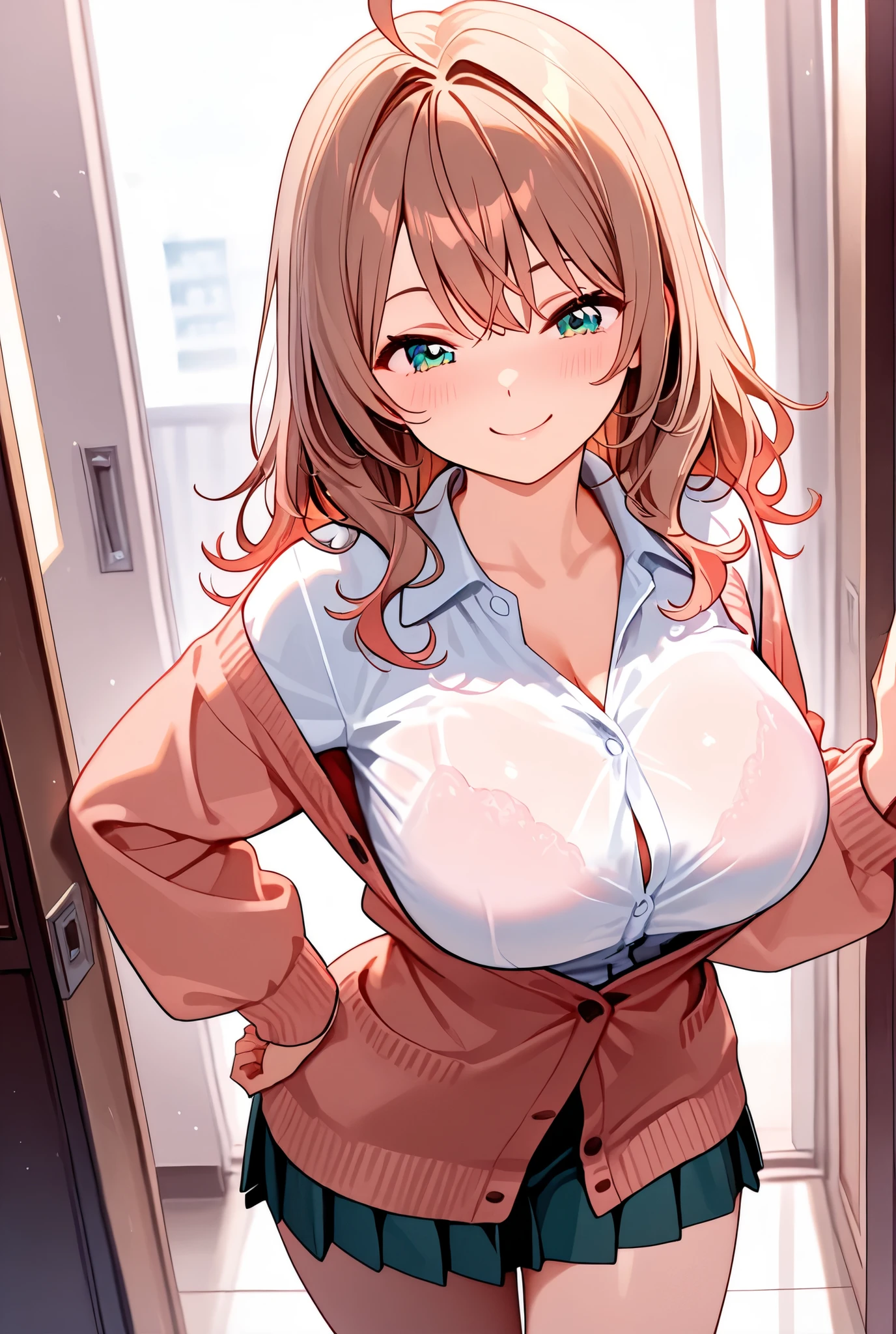 1girl, masterpiece, Highly detailed, High resolution, Maria Mikhailovna Kujou, Alya Sometimes Hides Her Feelings in Russian, Dress shirt, ,Cardigan, indoors, Smile, Hand on own hip, Big breasts, Standing